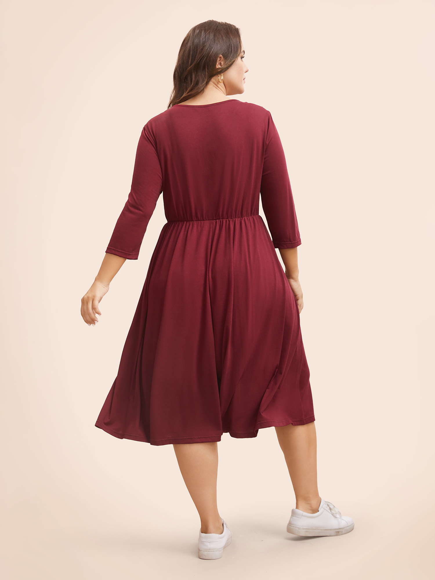 

Plus Size Solid V Neck Elastic Waist Midi Dress Burgundy Women Casual Non V-neck Elbow-length sleeve Curvy BloomChic