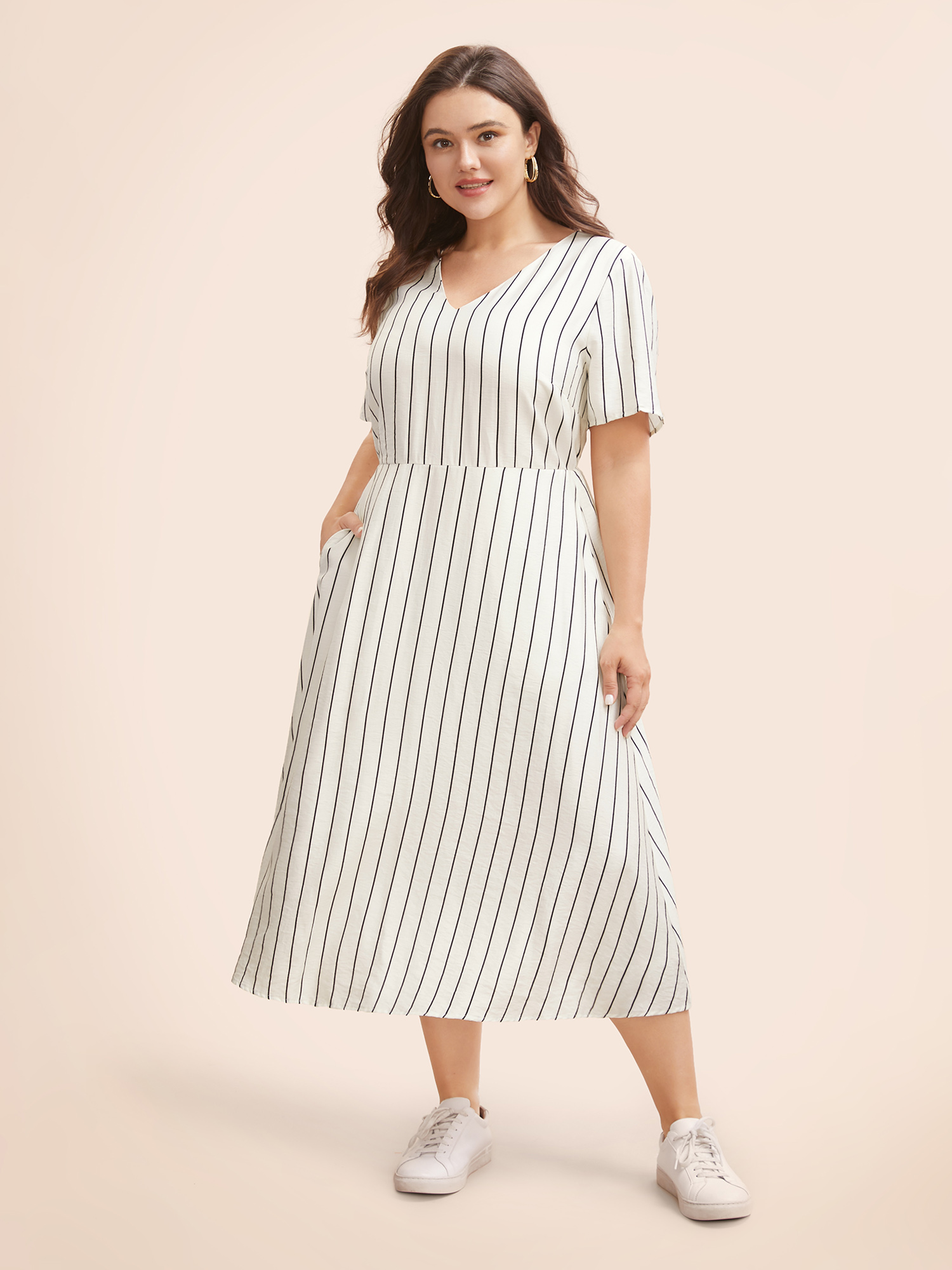 

Plus Size Striped V Neck Pocket Midi Dress Ivory Women Casual Non V-neck Short sleeve Curvy BloomChic