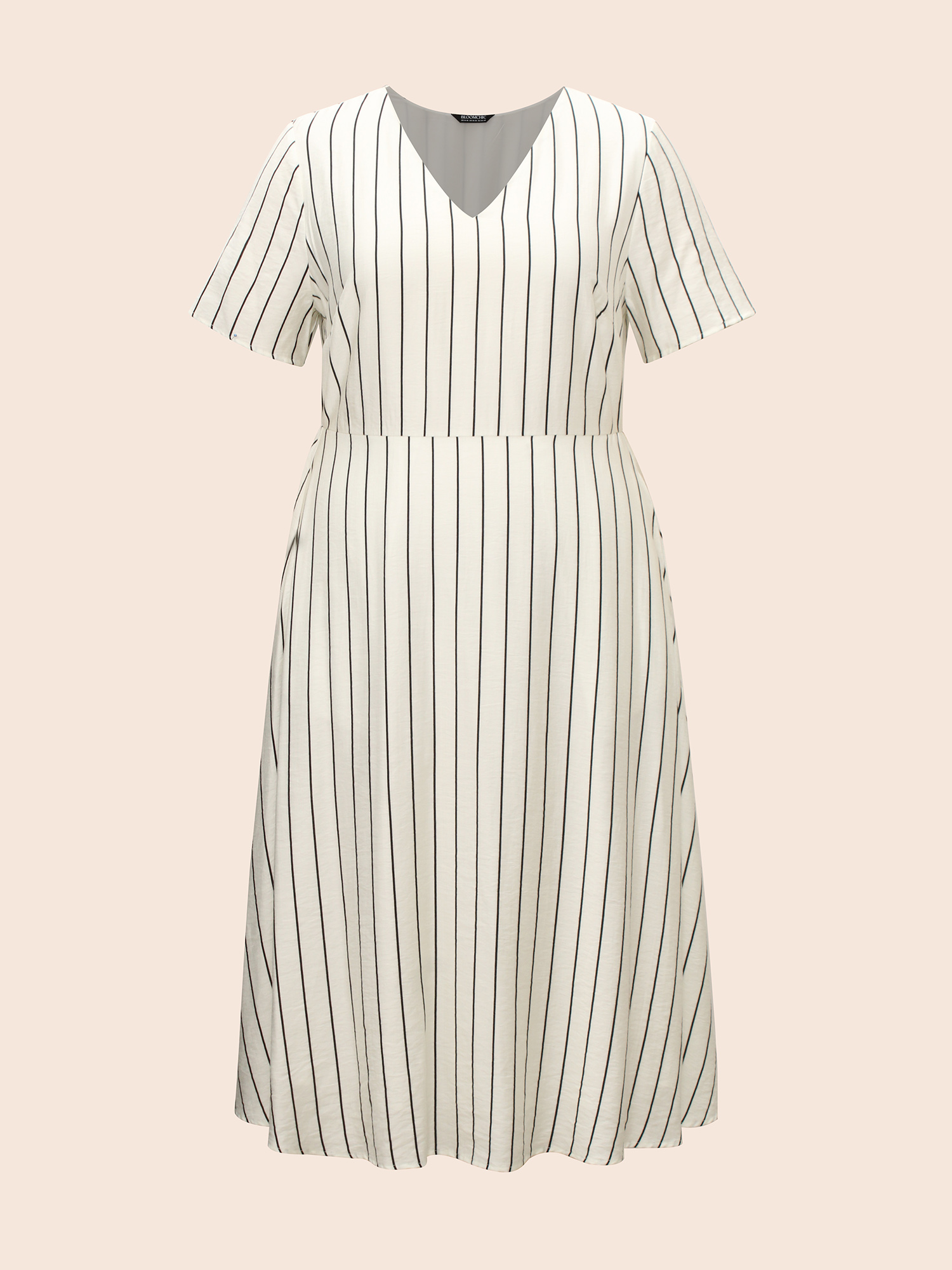 Plus Size Striped V Neck Pocket Midi Dress Ivory Women Casual Non V-neck Short sleeve Curvy BloomChic 26/4X 