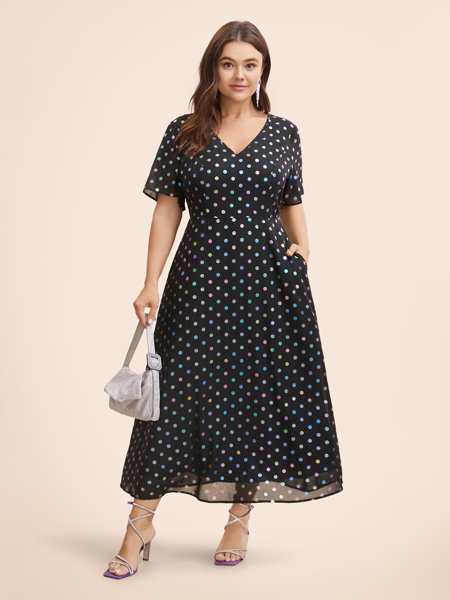 

Plus Size V Neck Polka Dot Glitter Ruffle Sleeve Dress Black Women Cocktail Texture V-neck Short sleeve Curvy BloomChic