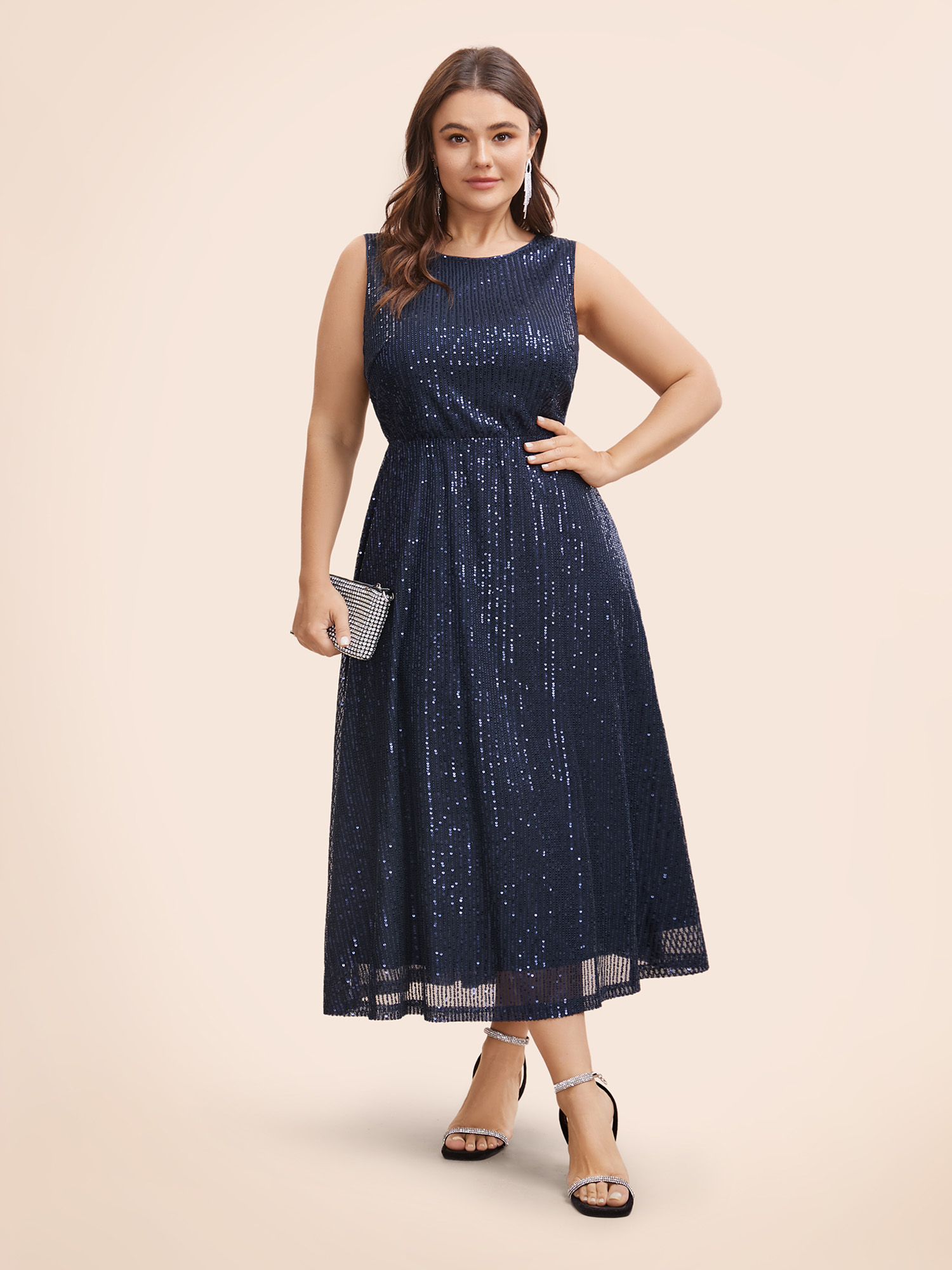 

Plus Size Round Neck Sequin Mesh Tank Dress Midnight Women Cocktail Texture Round Neck Sleeveless Curvy BloomChic