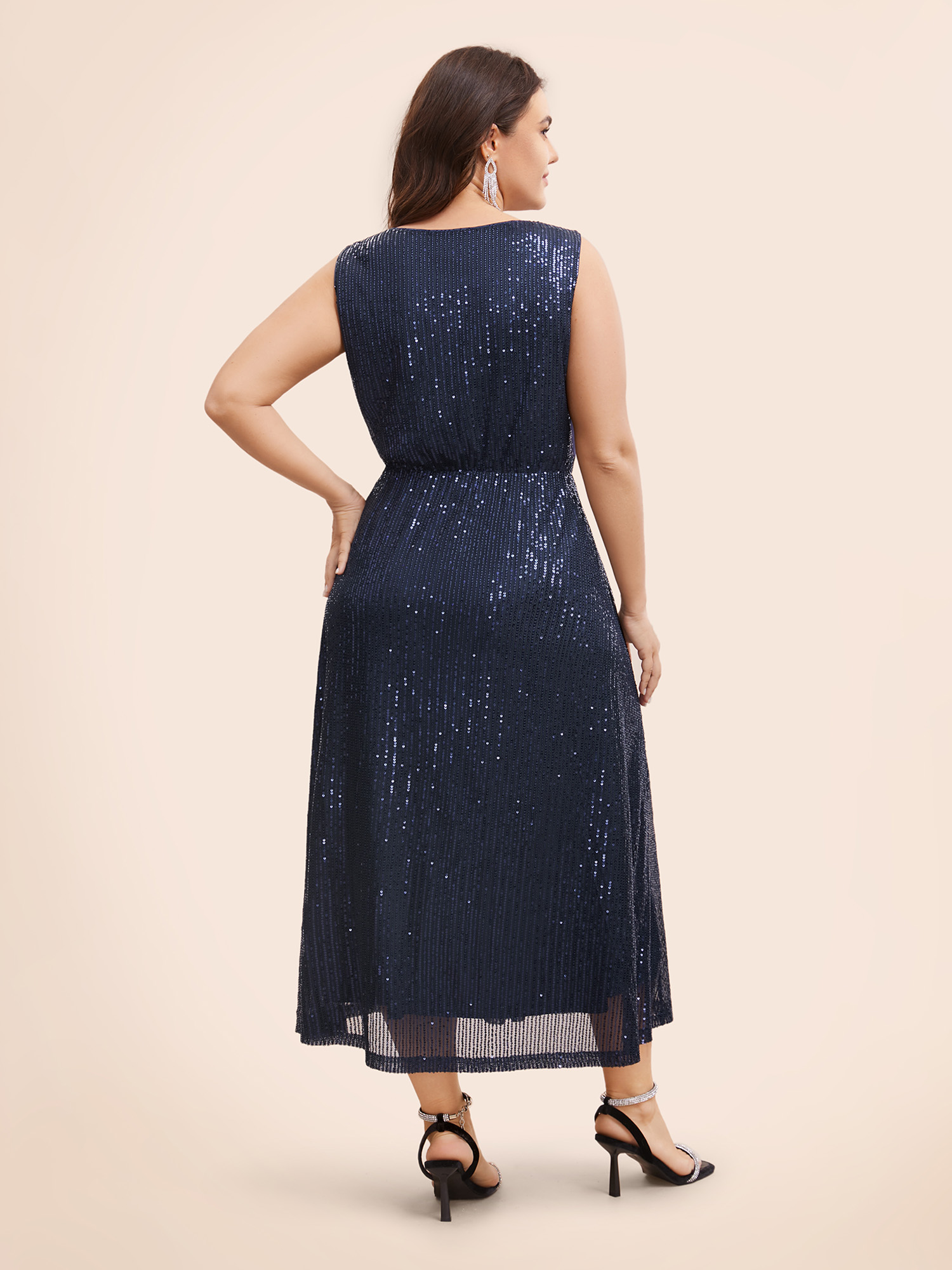 Plus Size Round Neck Sequin Mesh Tank Dress Midnight Women Cocktail Texture Round Neck Sleeveless Curvy BloomChic 22-24/3X 