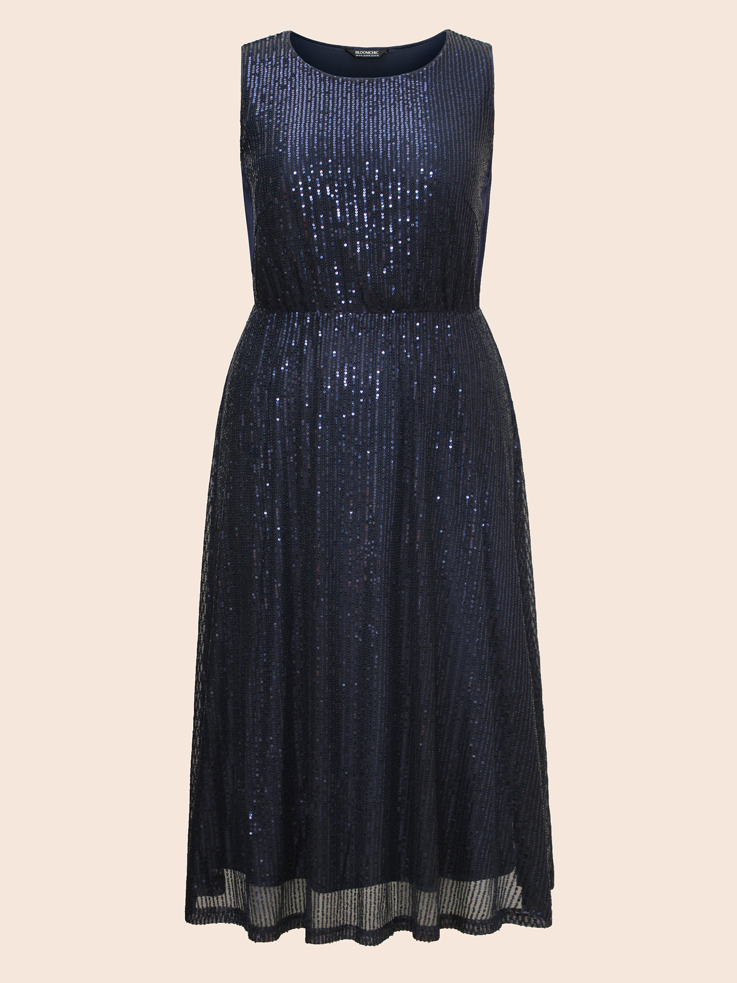 Plus Size Round Neck Sequin Mesh Tank Dress Midnight Women Cocktail Texture Round Neck Sleeveless Curvy BloomChic 22-24/3X 