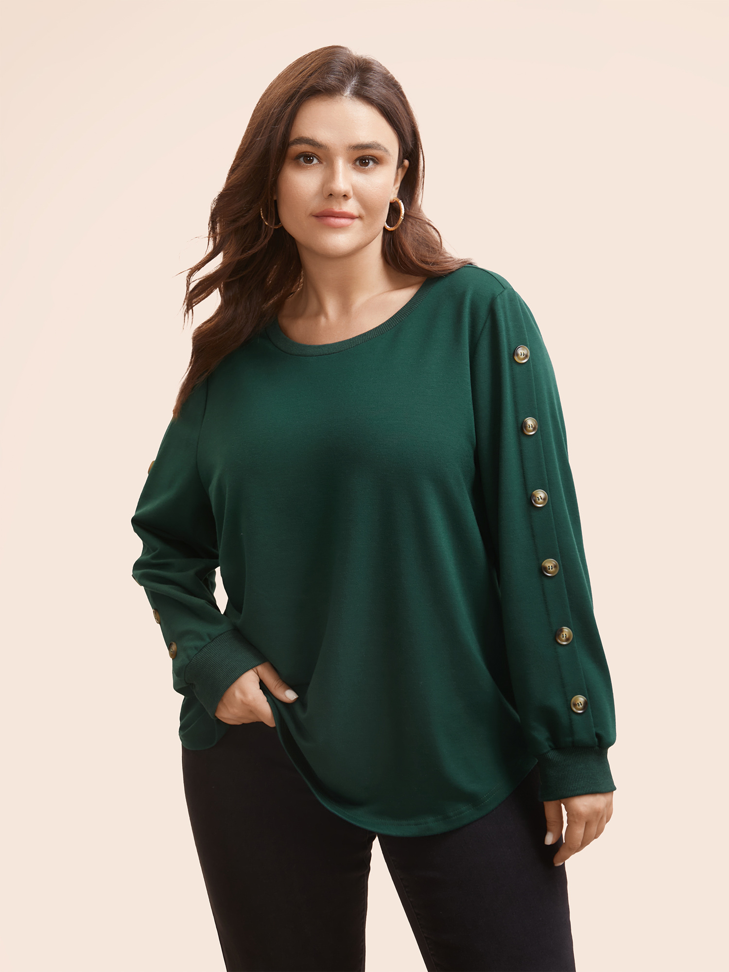 

Plus Size Crew Neck Patchwork Button Detail Sweatshirt Women DarkGreen Casual Patchwork Round Neck Everyday Sweatshirts BloomChic