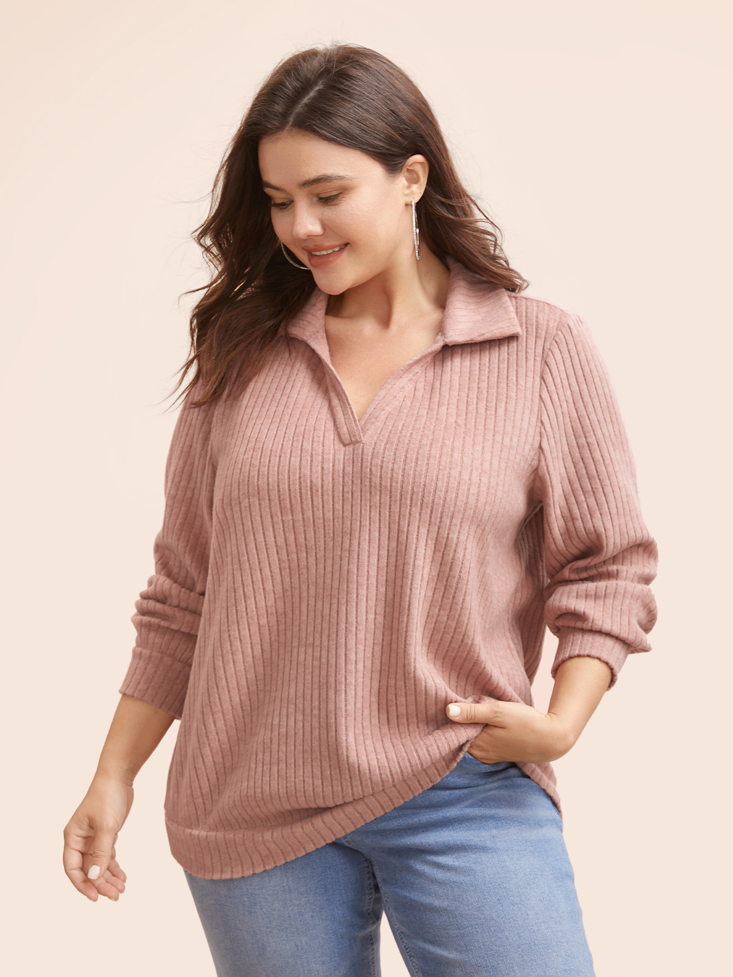 

Plus Size Solid Pit Strip Stretch Sweatshirt Women Rouge Casual Texture V-neck Everyday Sweatshirts BloomChic