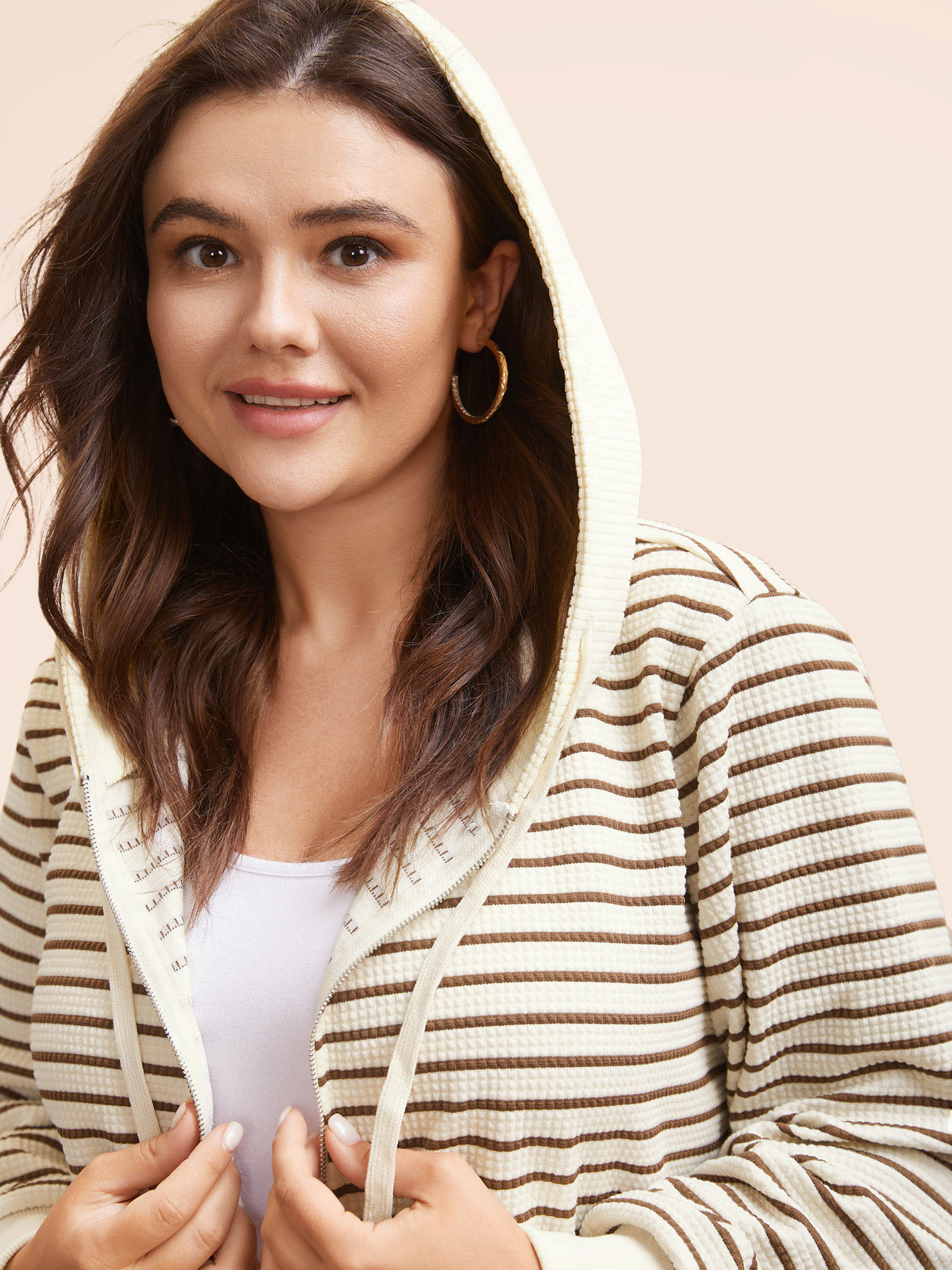 Plus Size Striped Patchwork Texture Hooded Sweatshirt Women Beige Casual Texture Hooded Everyday Sweatshirts BloomChic 26/4X 