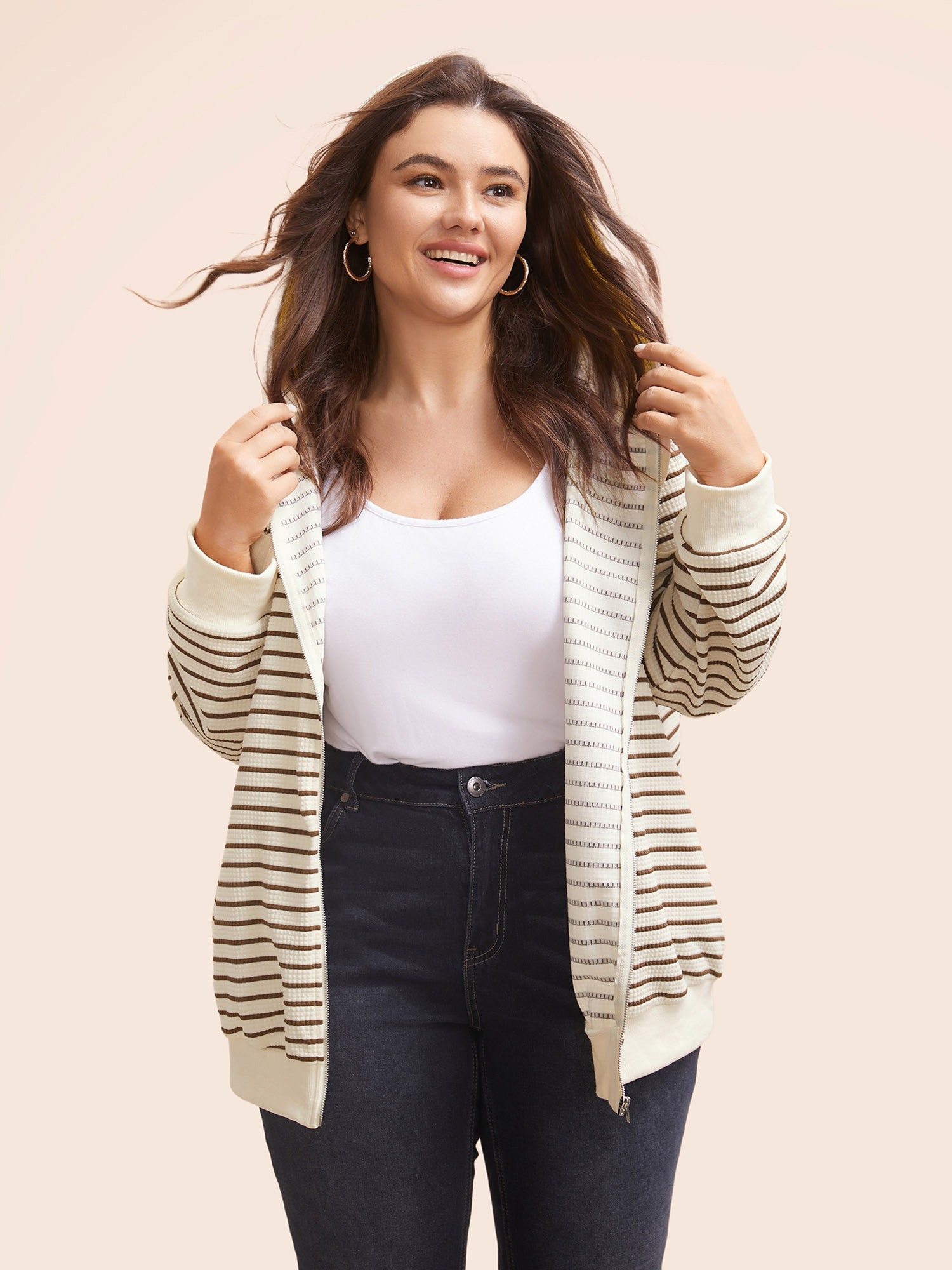 Plus Size Striped Patchwork Texture Hooded Sweatshirt Women Beige Casual Texture Hooded Everyday Sweatshirts BloomChic 26/4X 