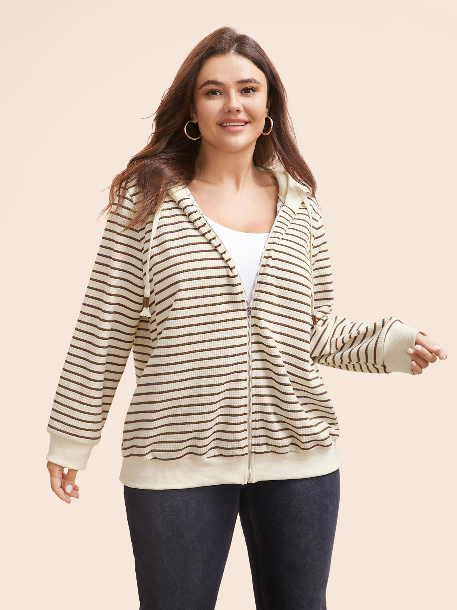 Plus Size Striped Patchwork Texture Hooded Sweatshirt Women Beige Casual Texture Hooded Everyday Sweatshirts BloomChic 26/4X 