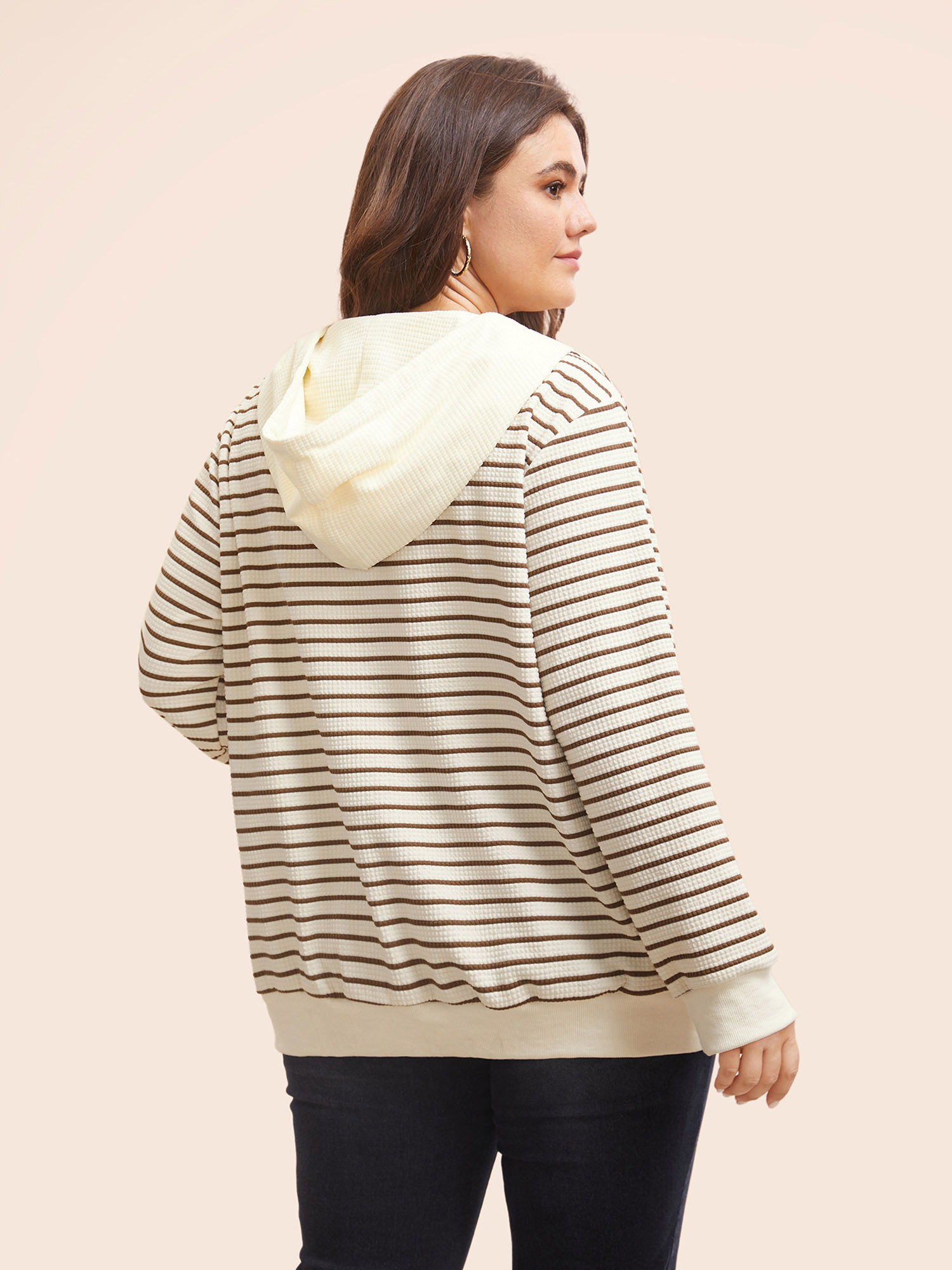 Plus Size Striped Patchwork Texture Hooded Sweatshirt Women Beige Casual Texture Hooded Everyday Sweatshirts BloomChic 26/4X 
