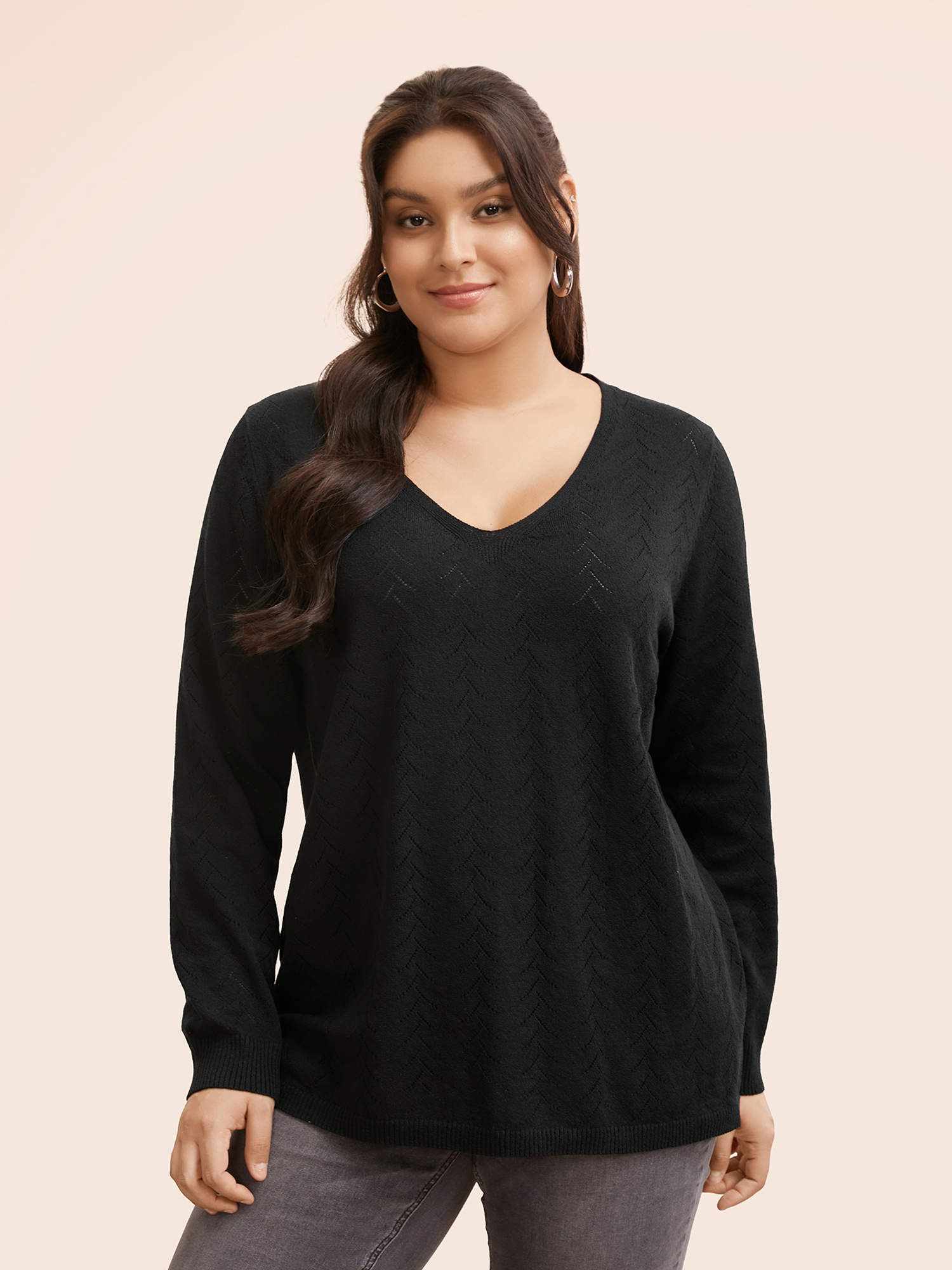 

Plus Size Texture V Neck Lightweight Pullover Black Women Casual Long Sleeve V-neck Everyday Pullovers BloomChic