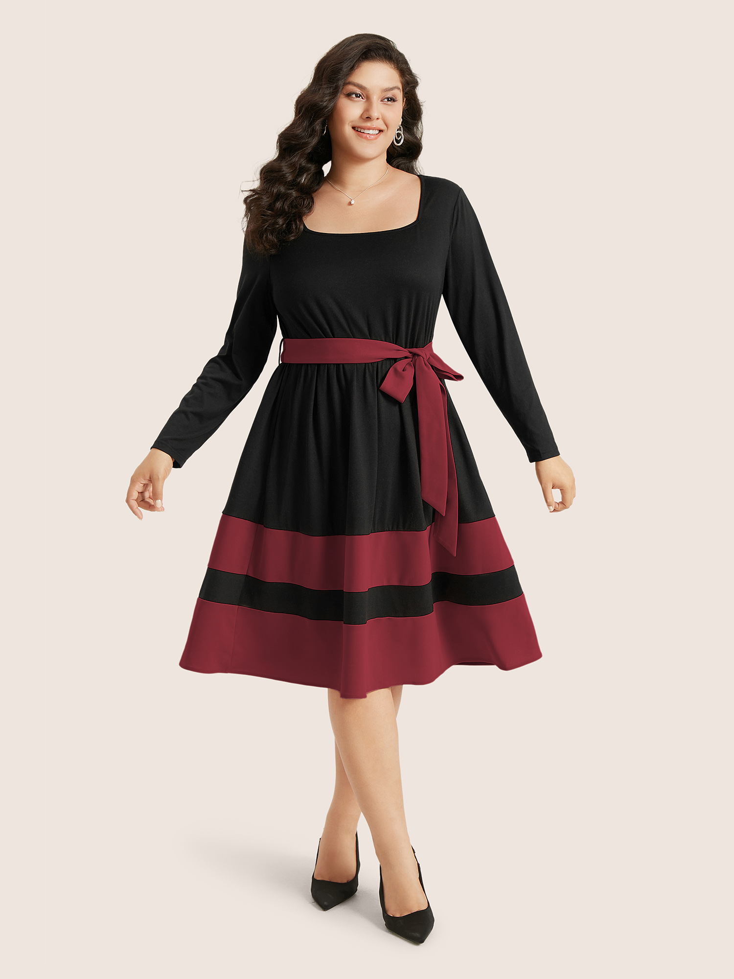 

Plus Size Two Tone Belted Bowknot Square Neck Dress Burgundy Women Elegant Non Square Neck Long Sleeve Curvy Knee Dress BloomChic