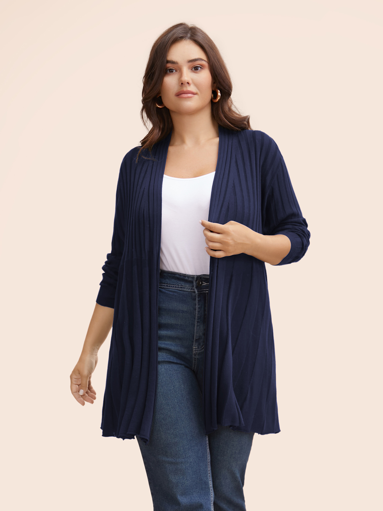 

Plus Size Plain Textured Kimono Collar Cardigan Midnight Women Casual Loose Long Sleeve Everyday Cardigans BloomChic