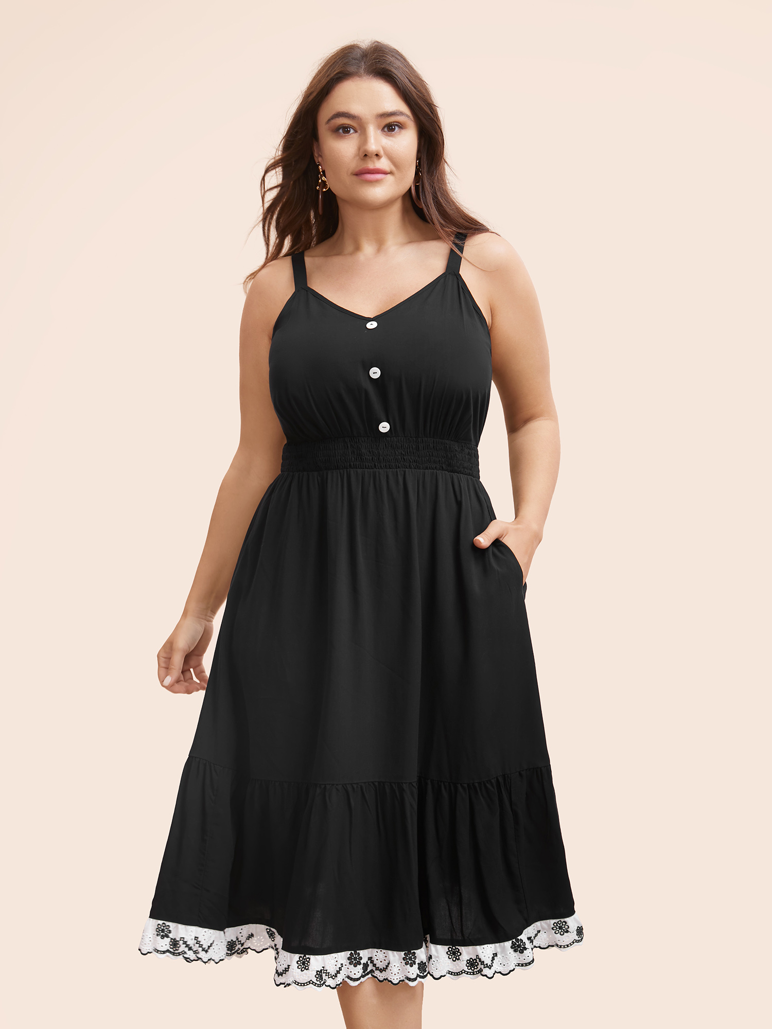 

Plus Size Woven Ribbon Button Detail Cami Dress Black Women Resort Woven ribbon&lace trim V-neck Sleeveless Curvy BloomChic