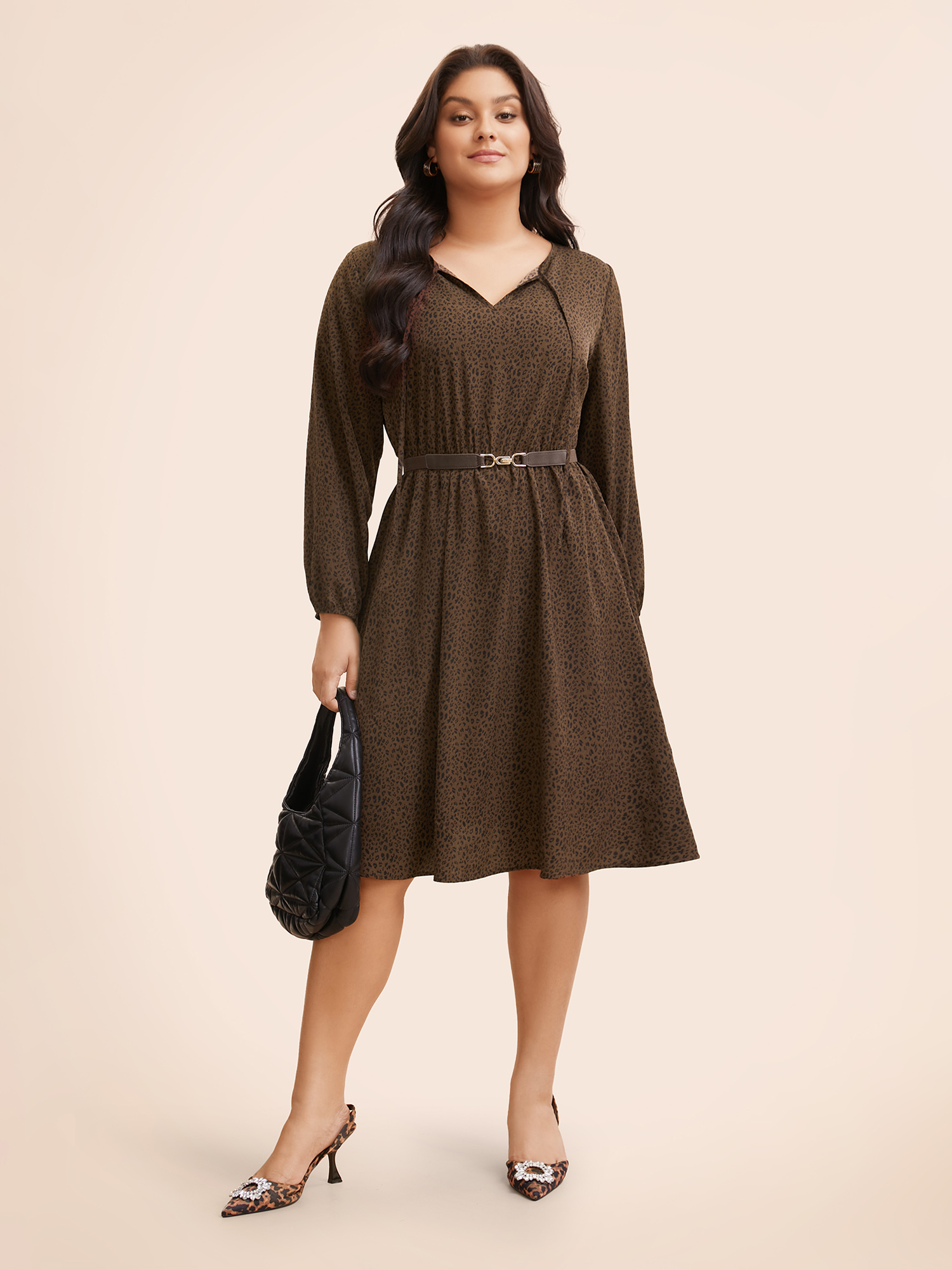 

Plus Size Leopard Print Tie Knot Gathered Dress Browncoffeecolor Women At the Office Tie knot V-neck Elbow-length sleeve Curvy BloomChic