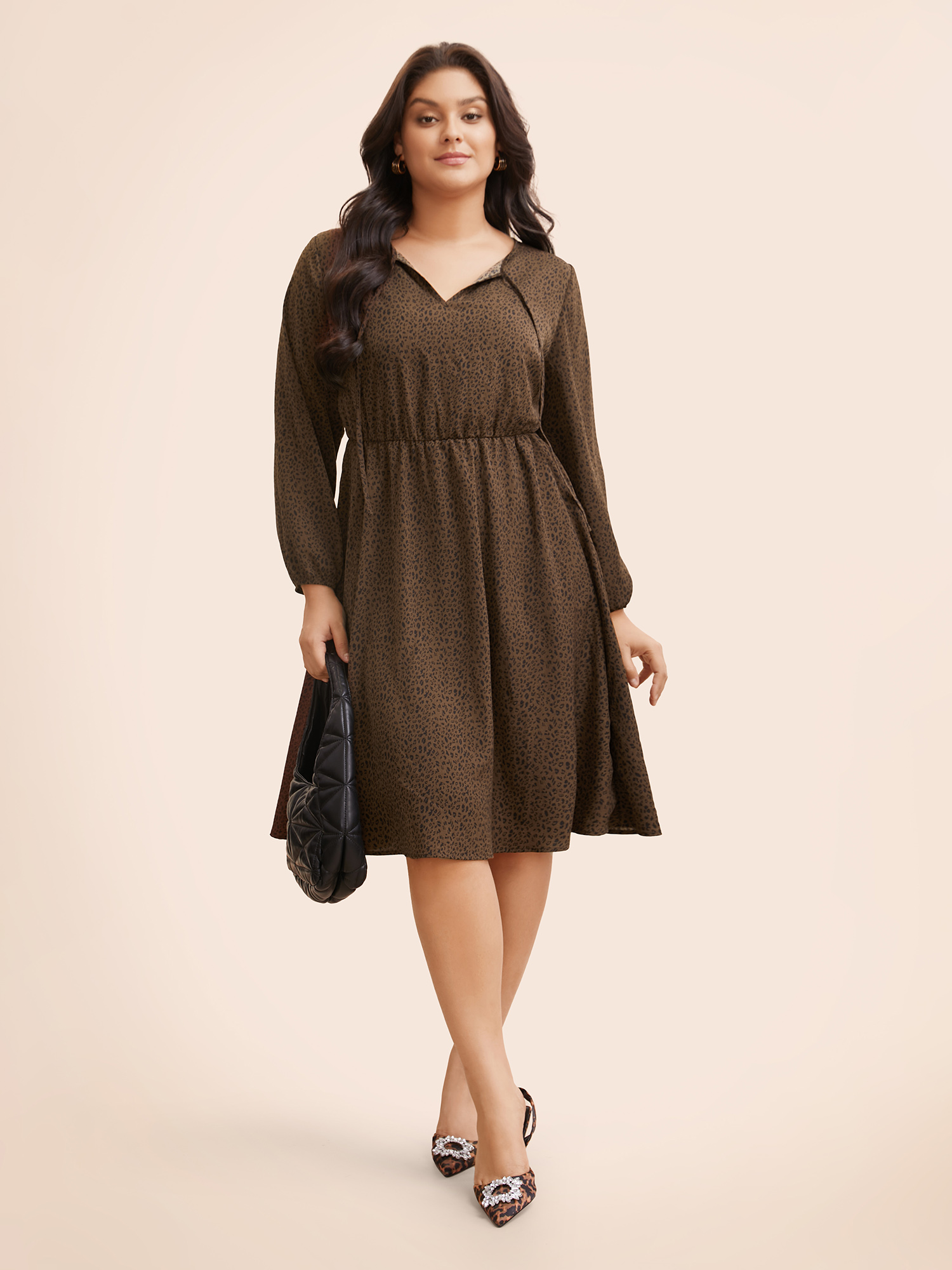 Plus Size Leopard Print Tie Knot Gathered Dress Browncoffeecolor Women At the Office Tie knot V-neck Elbow-length sleeve Curvy BloomChic 18-20/2X 