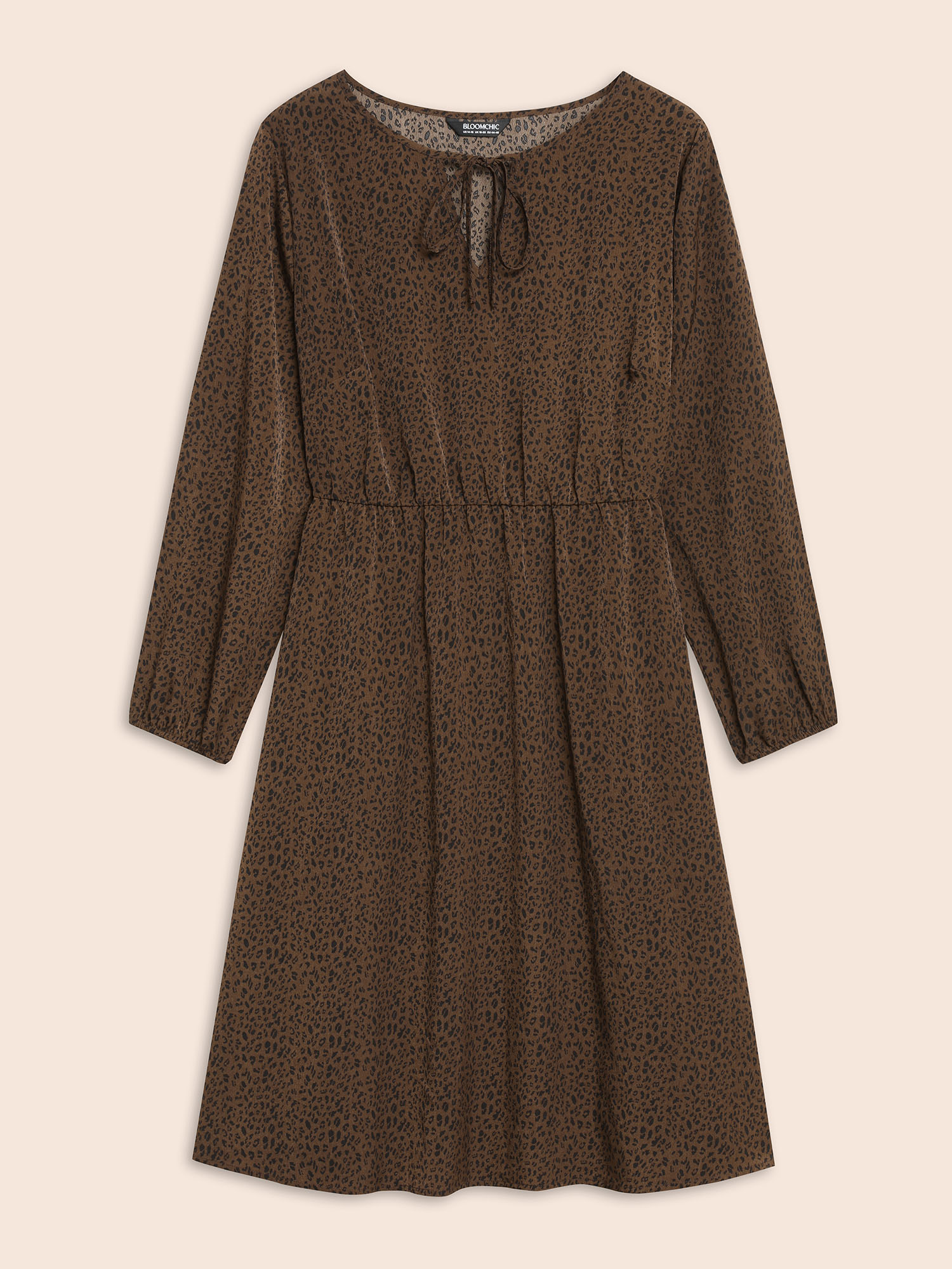 Plus Size Leopard Print Tie Knot Gathered Dress Browncoffeecolor Women At the Office Tie knot V-neck Elbow-length sleeve Curvy BloomChic 18-20/2X 