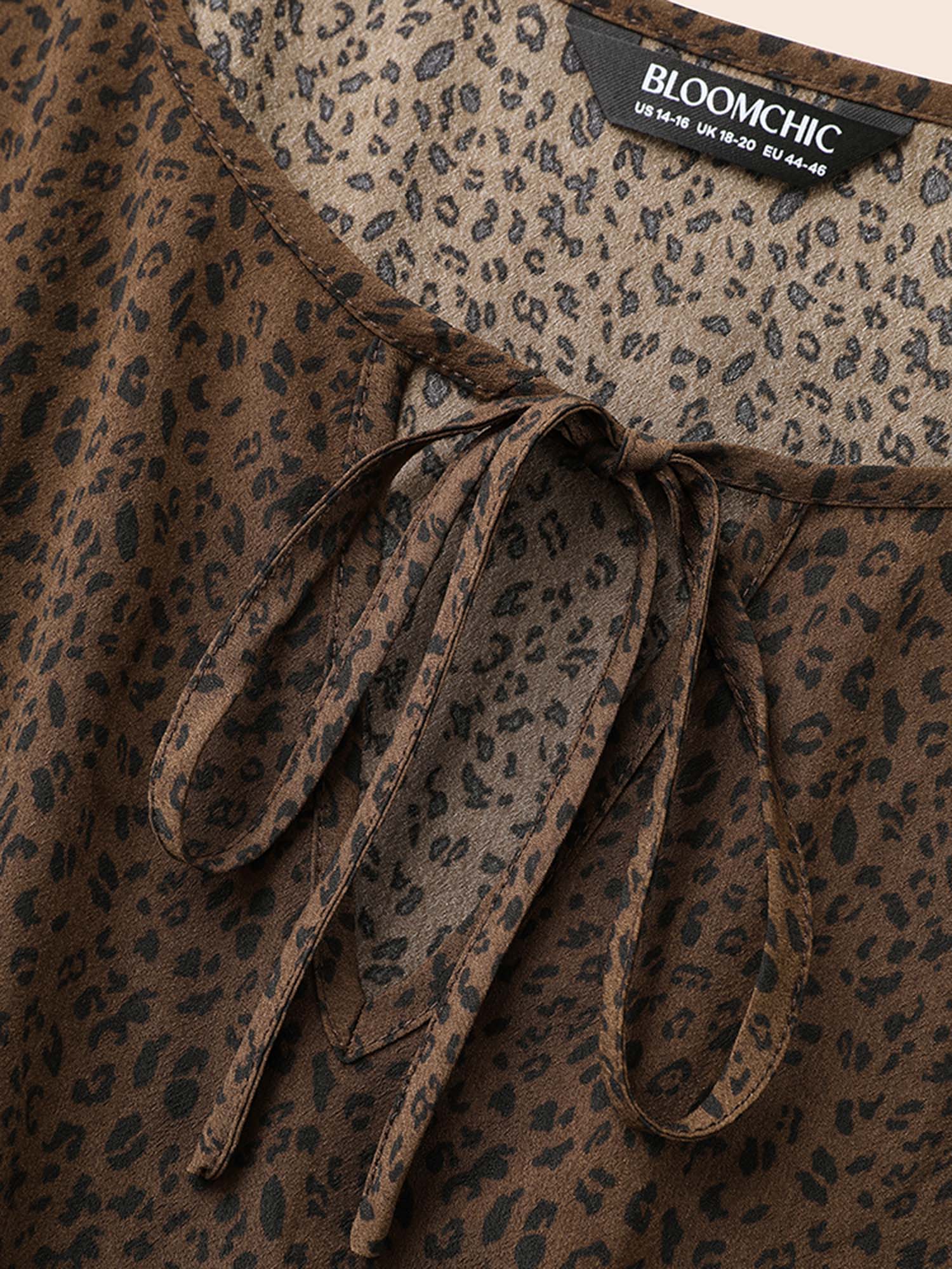 Plus Size Leopard Print Tie Knot Gathered Dress Browncoffeecolor Women At the Office Tie knot V-neck Elbow-length sleeve Curvy BloomChic 18-20/2X 