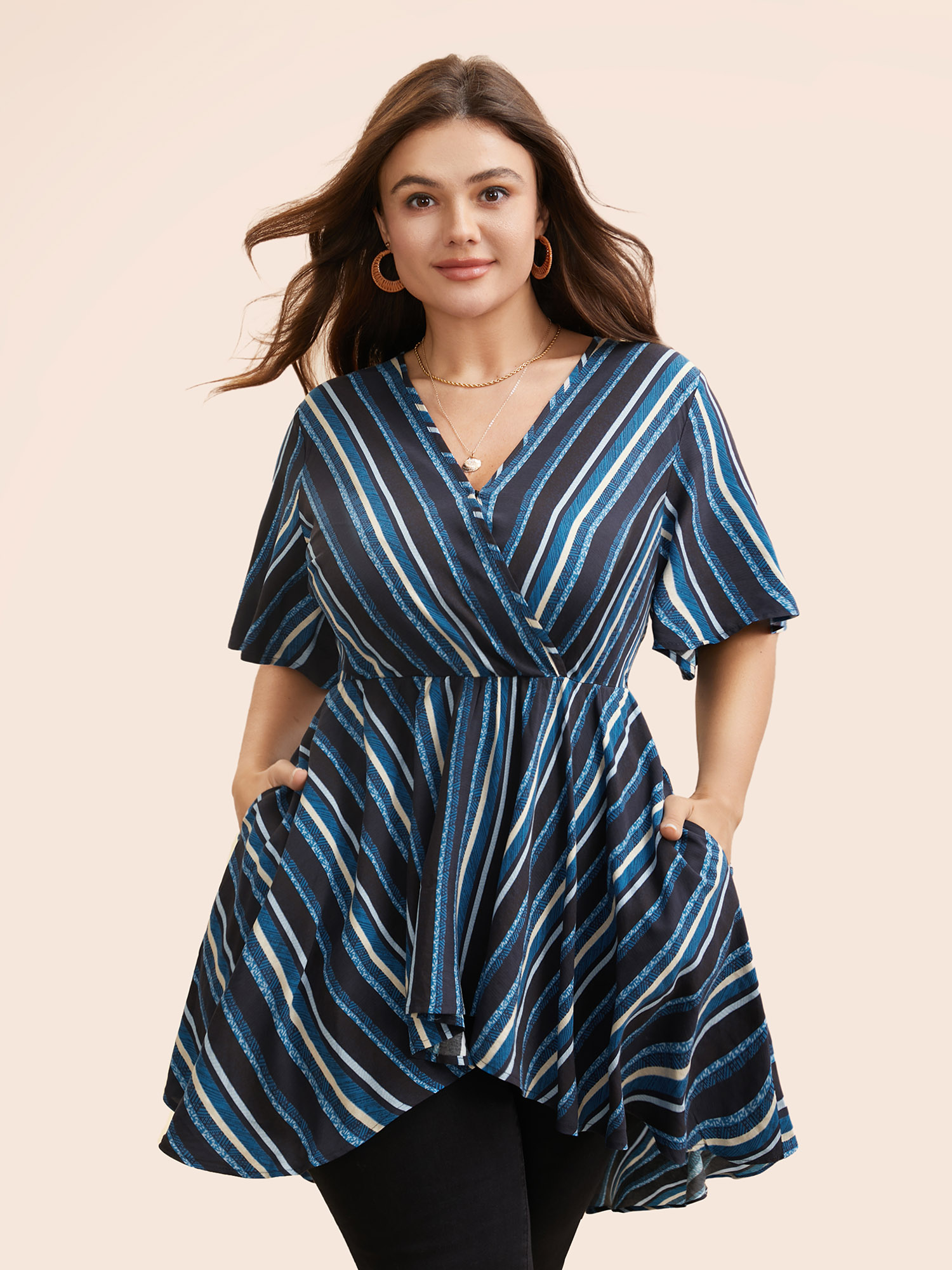 

Plus Size Multicolor Striped Ruffle Sleeve Overlap Collar Blouse Women Resort Short sleeve Overlap Collar Vacation Blouses BloomChic