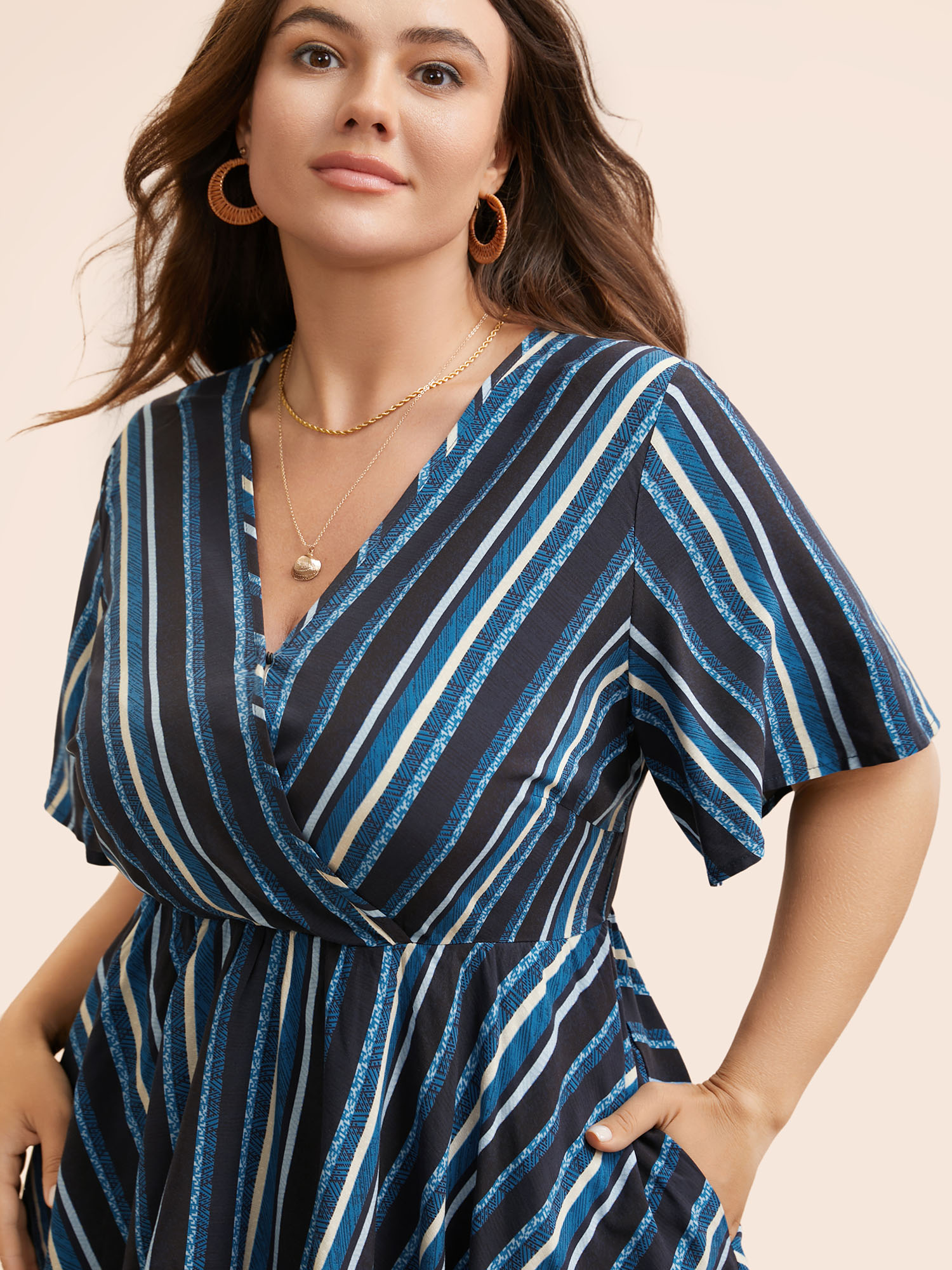 Plus Size Multicolor Striped Ruffle Sleeve Overlap Collar Blouse Women Resort Short sleeve Overlap Collar Vacation Blouses BloomChic 10/M 