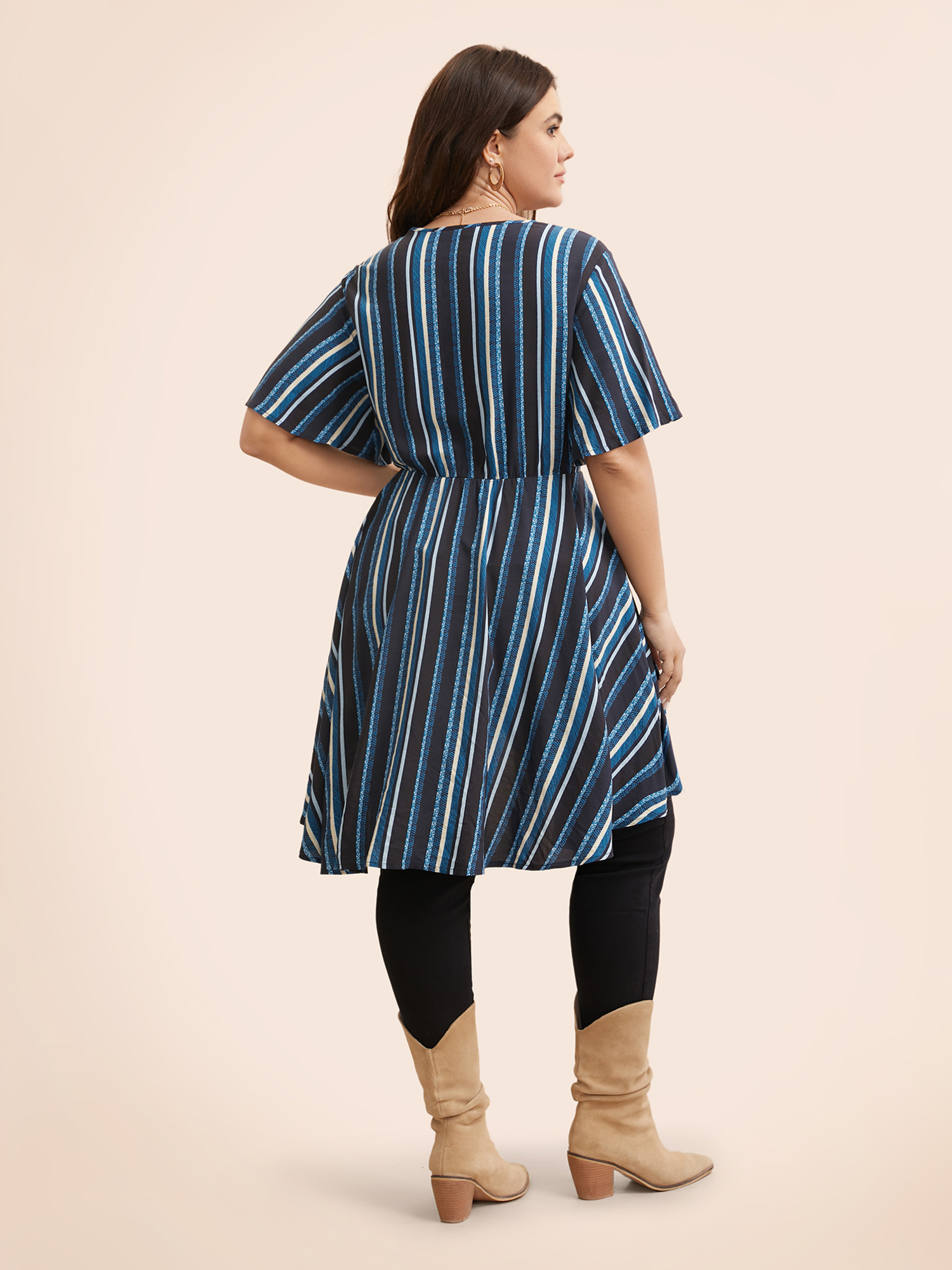 Plus Size Multicolor Striped Ruffle Sleeve Overlap Collar Blouse Women Resort Short sleeve Overlap Collar Vacation Blouses BloomChic 10/M 