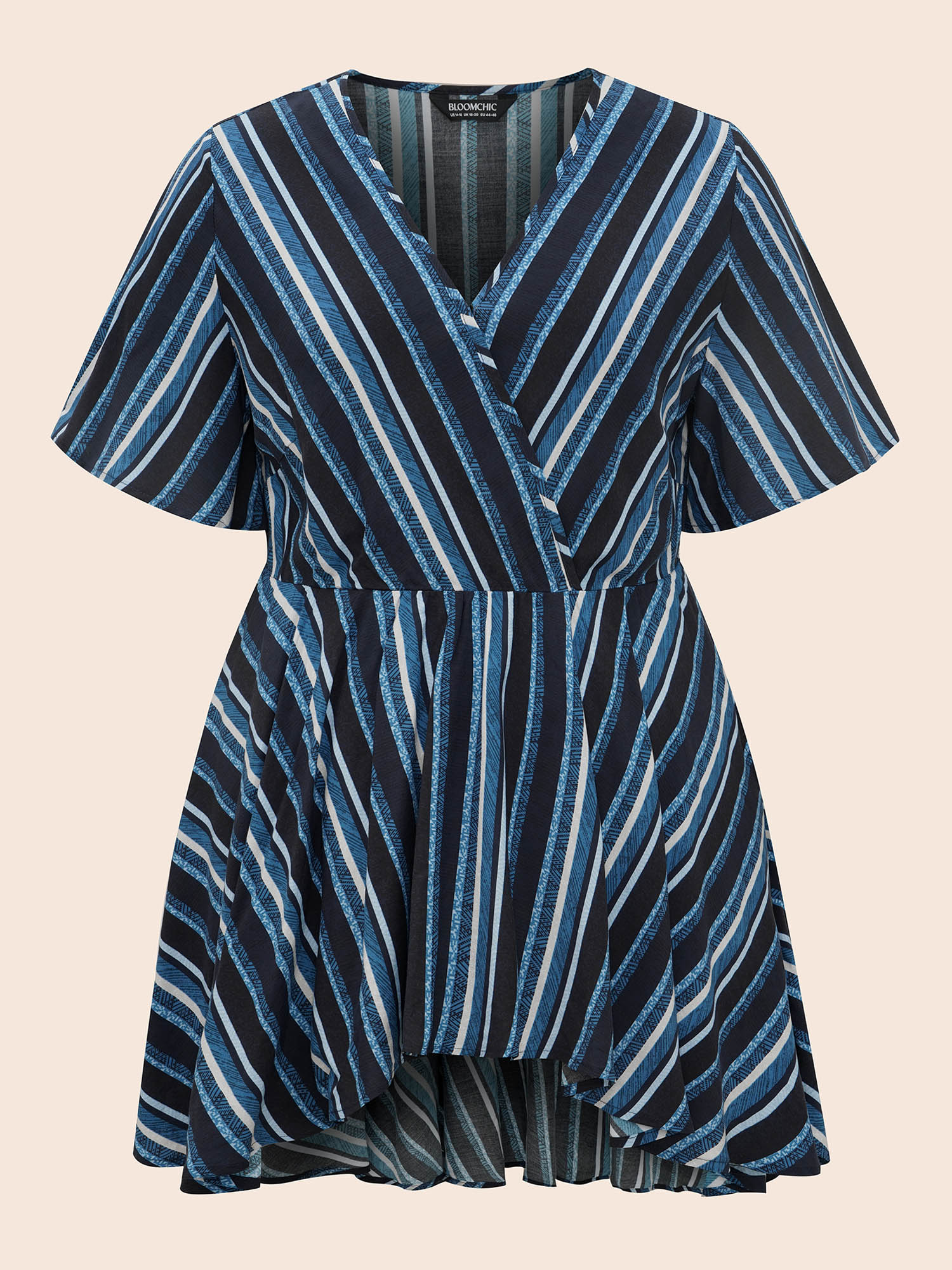 Plus Size Multicolor Striped Ruffle Sleeve Overlap Collar Blouse Women Resort Short sleeve Overlap Collar Vacation Blouses BloomChic 10/M 