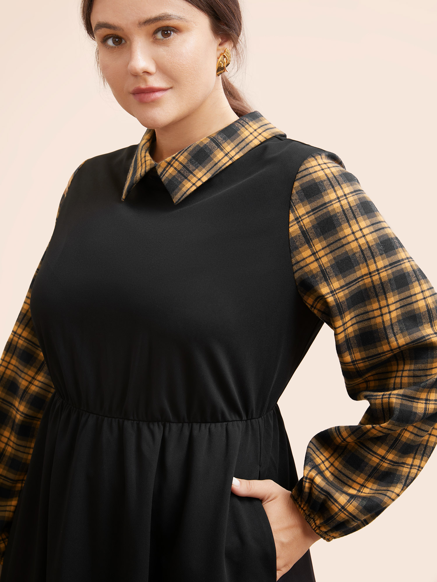 

Plus Size Plaid Patchwork Elastic Waist Midi Dress Mustardyellow Women At the Office Patchwork Shirt collar Long Sleeve Curvy BloomChic