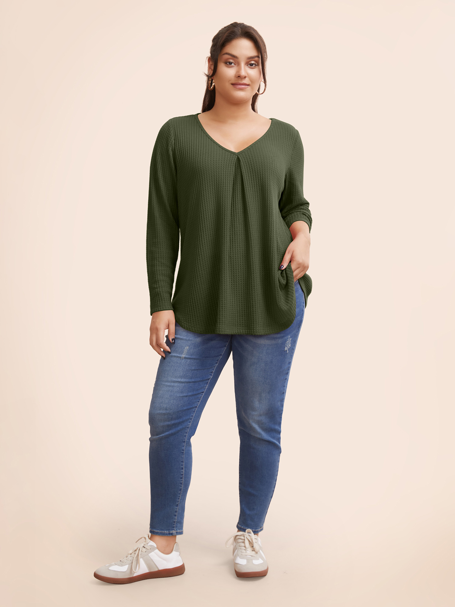 

Plus Size Plain Waffle Knit Scoop Neck Plicated Detail T-shirt Green Women Casual Non Plain V-neck Everyday T-shirts BloomChic