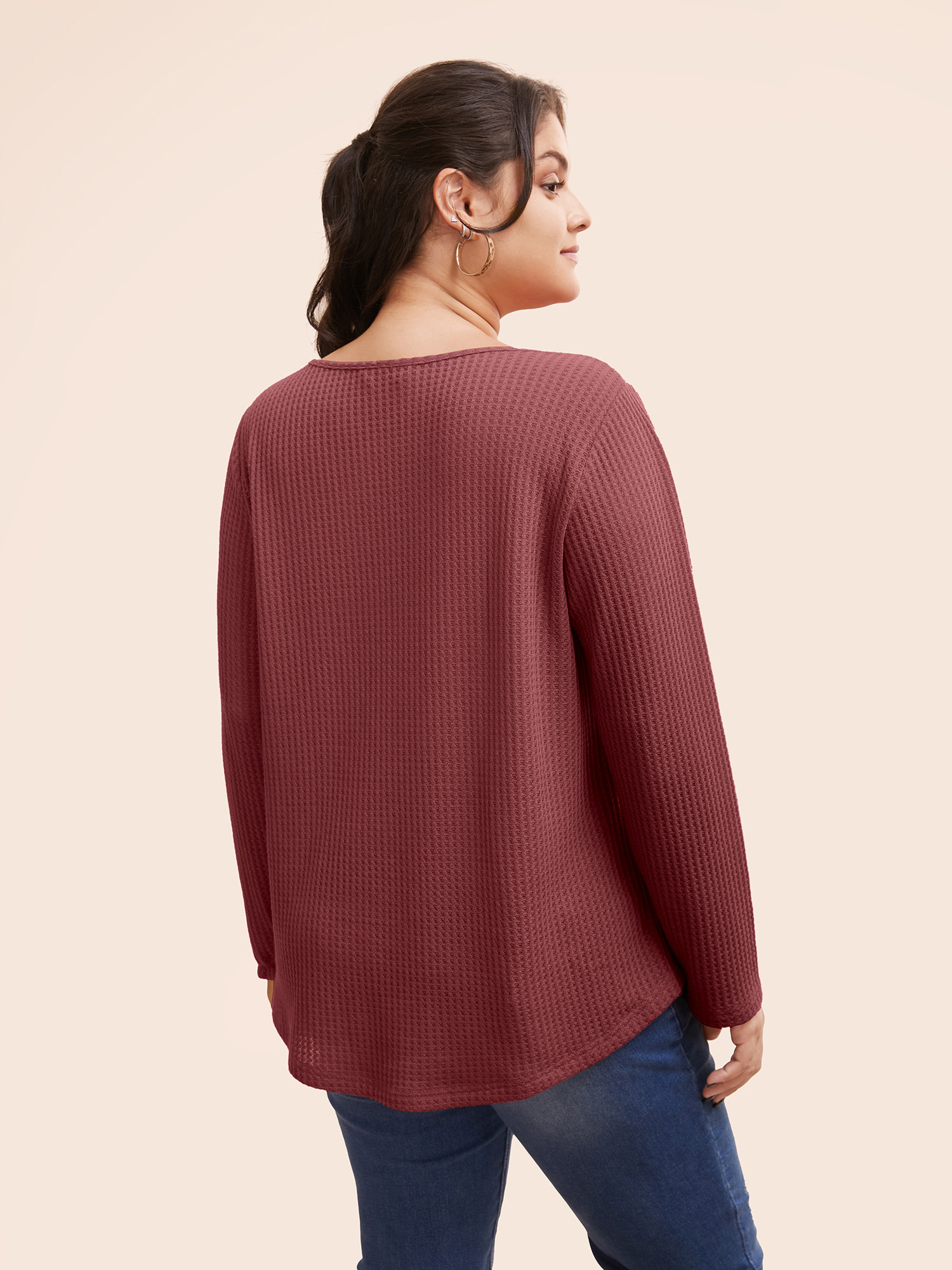 

Plus Size Plain Waffle Knit Scoop Neck Plicated Detail T-shirt Russet Women Casual Non Plain V-neck Everyday T-shirts BloomChic