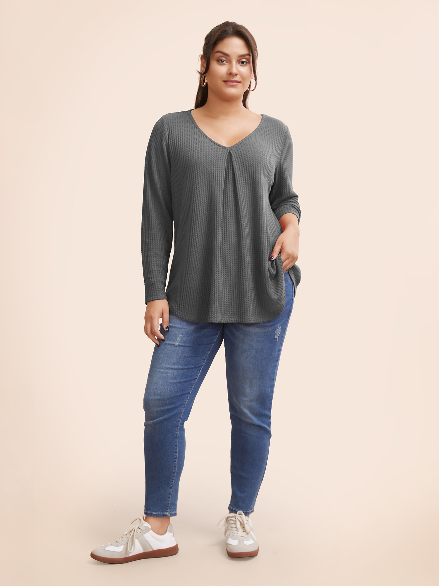 

Plus Size Plain Waffle Knit Scoop Neck Plicated Detail T-shirt Gray Women Casual Non Plain V-neck Everyday T-shirts BloomChic