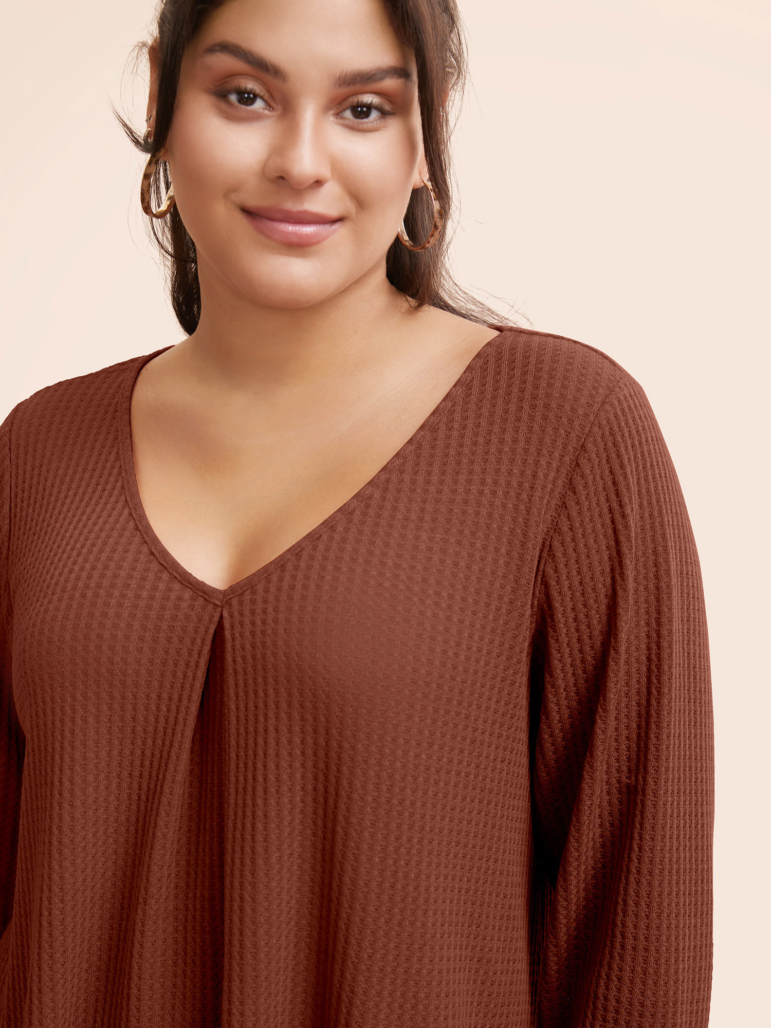 

Plus Size Plain Waffle Knit Scoop Neck Plicated Detail T-shirt Rust Women Casual Non Plain V-neck Everyday T-shirts BloomChic