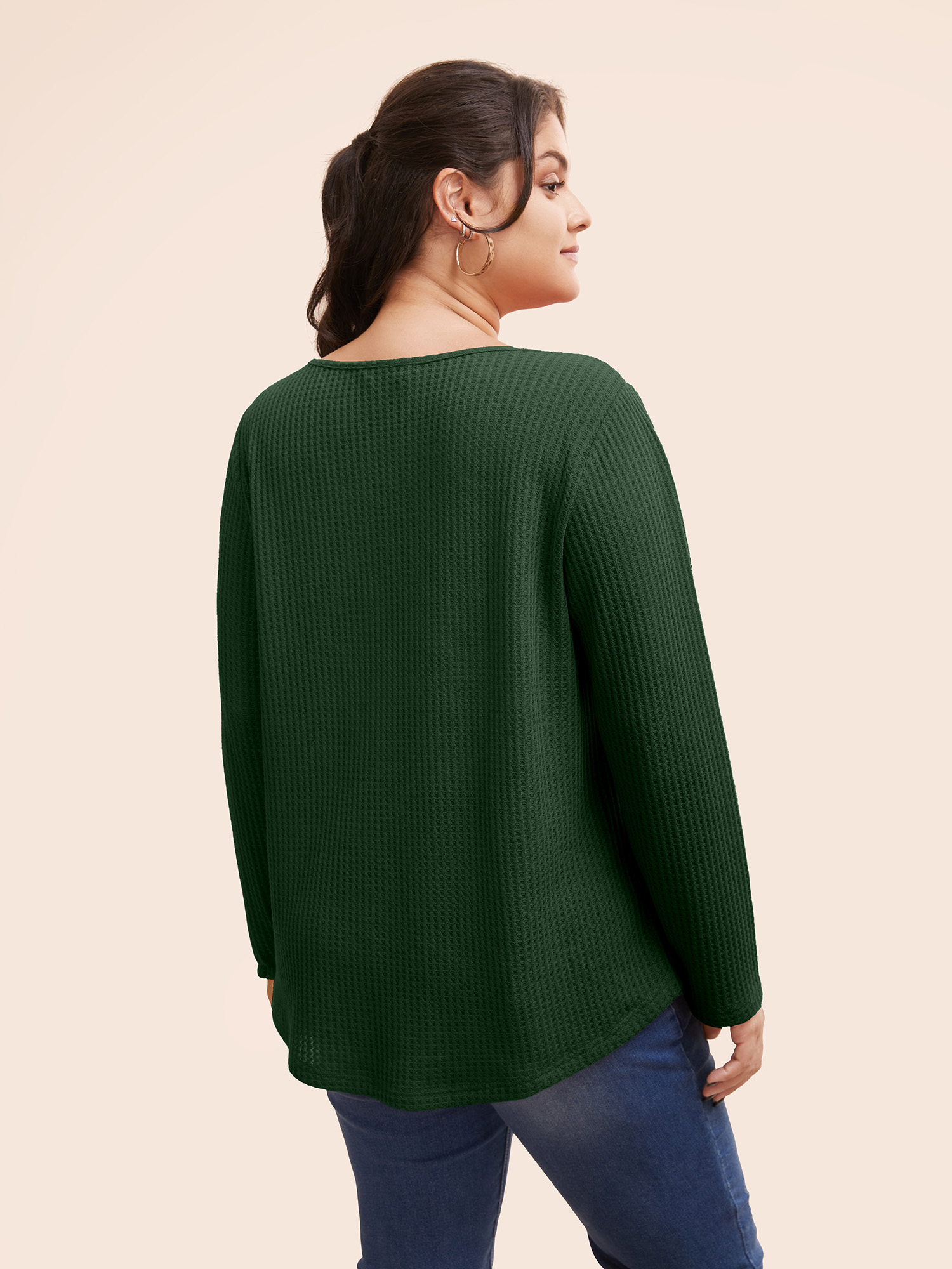 

Plus Size Plain Waffle Knit Scoop Neck Plicated Detail T-shirt DarkGreen Women Casual Non Plain V-neck Everyday T-shirts BloomChic