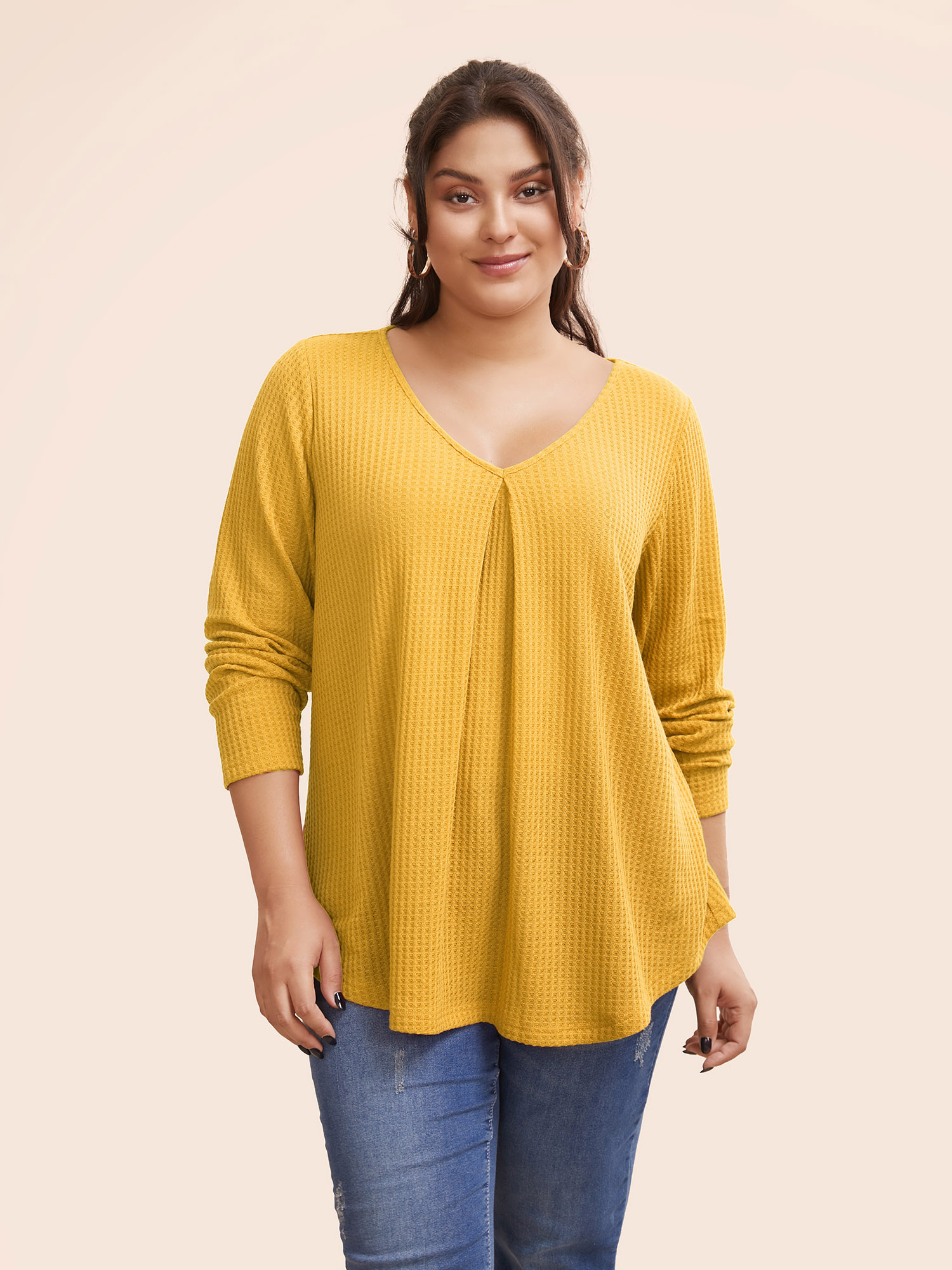 

Plus Size Plain Waffle Knit Scoop Neck Plicated Detail T-shirt Mustardyellow Women Casual Non Plain V-neck Everyday T-shirts BloomChic