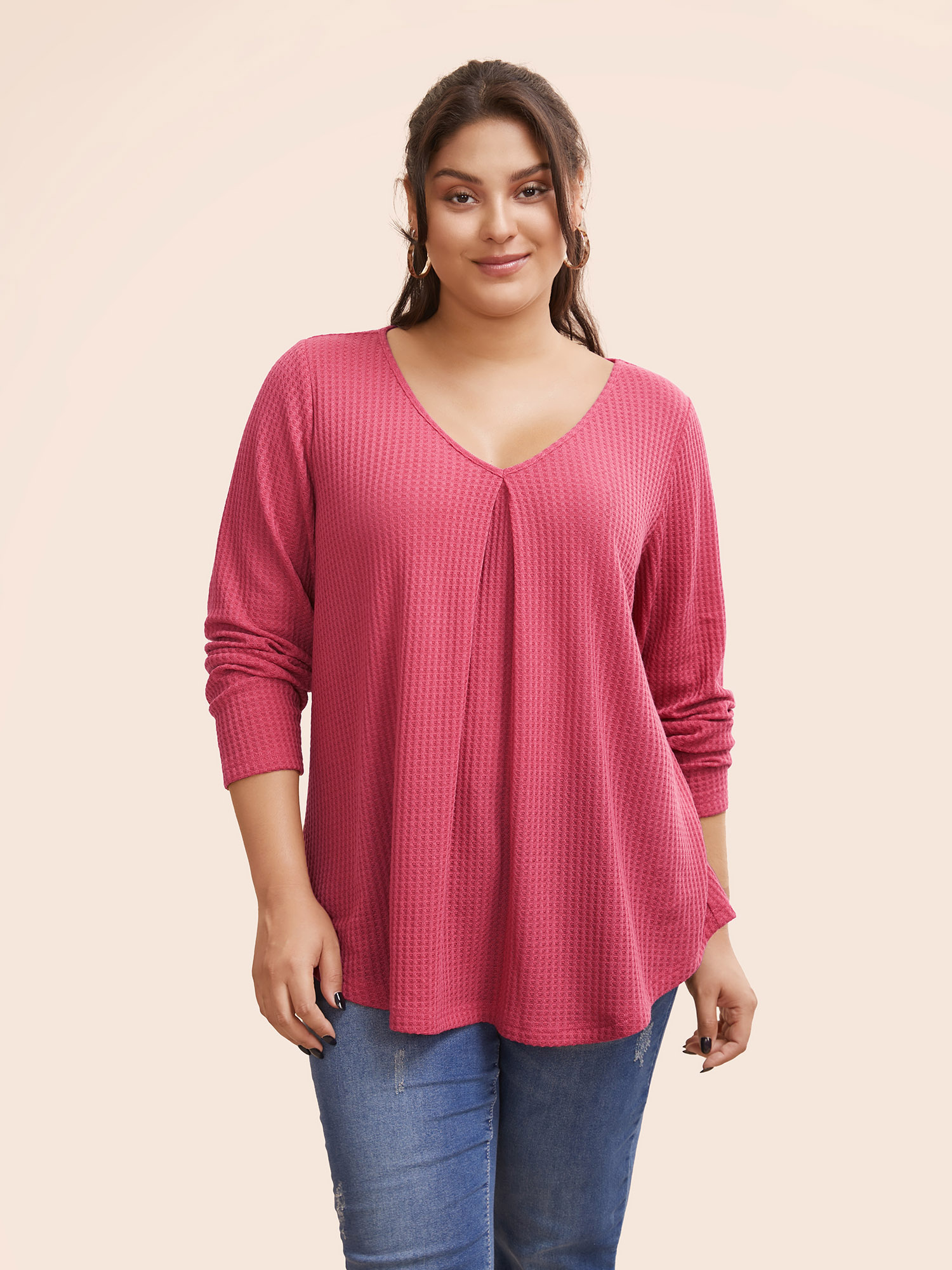 

Plus Size Plain Waffle Knit Scoop Neck Plicated Detail T-shirt Rosered Women Casual Non Plain V-neck Everyday T-shirts BloomChic