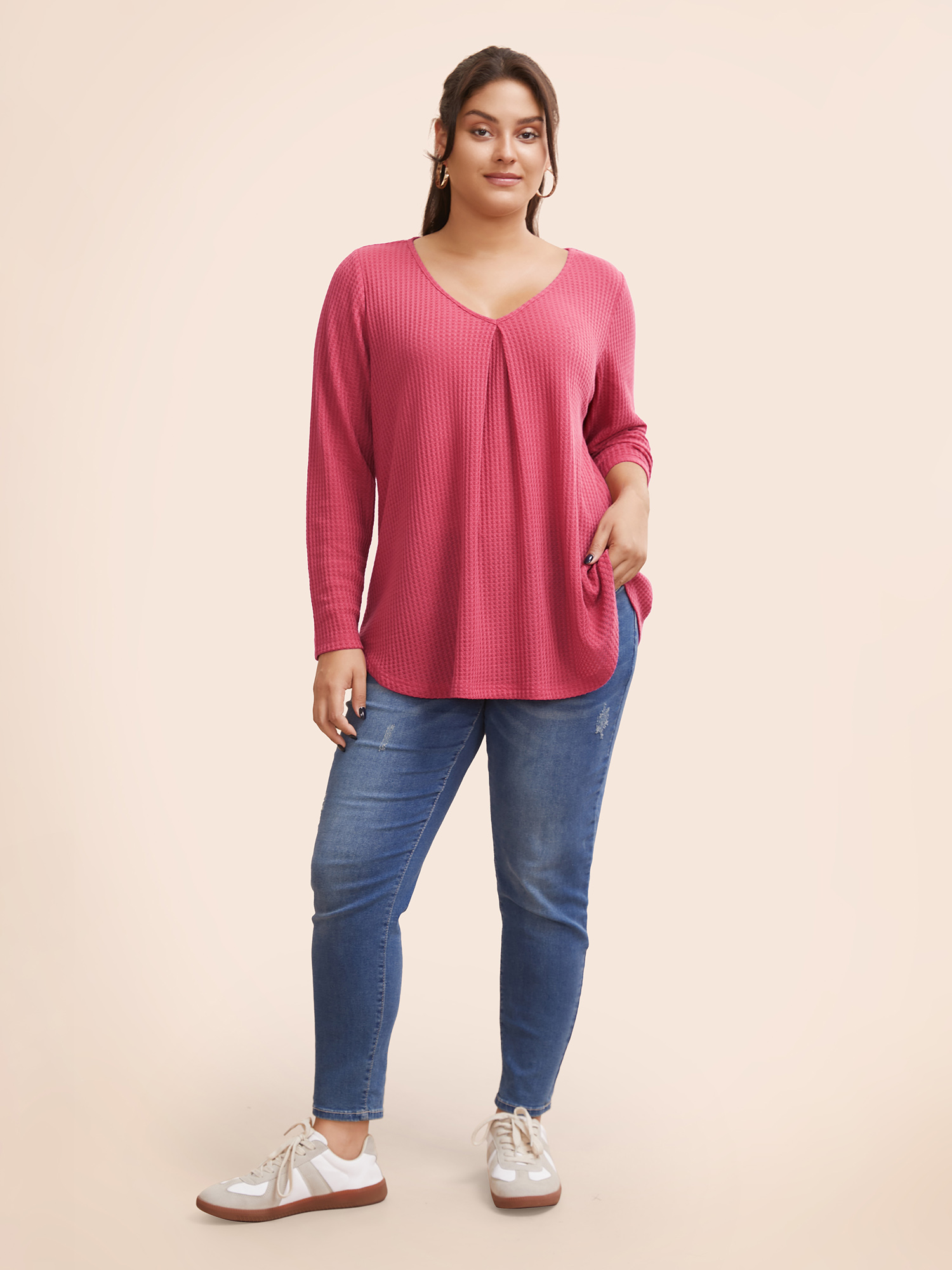 

Plus Size Plain Waffle Knit Scoop Neck Plicated Detail T-shirt Rosered Women Casual Non Plain V-neck Everyday T-shirts BloomChic