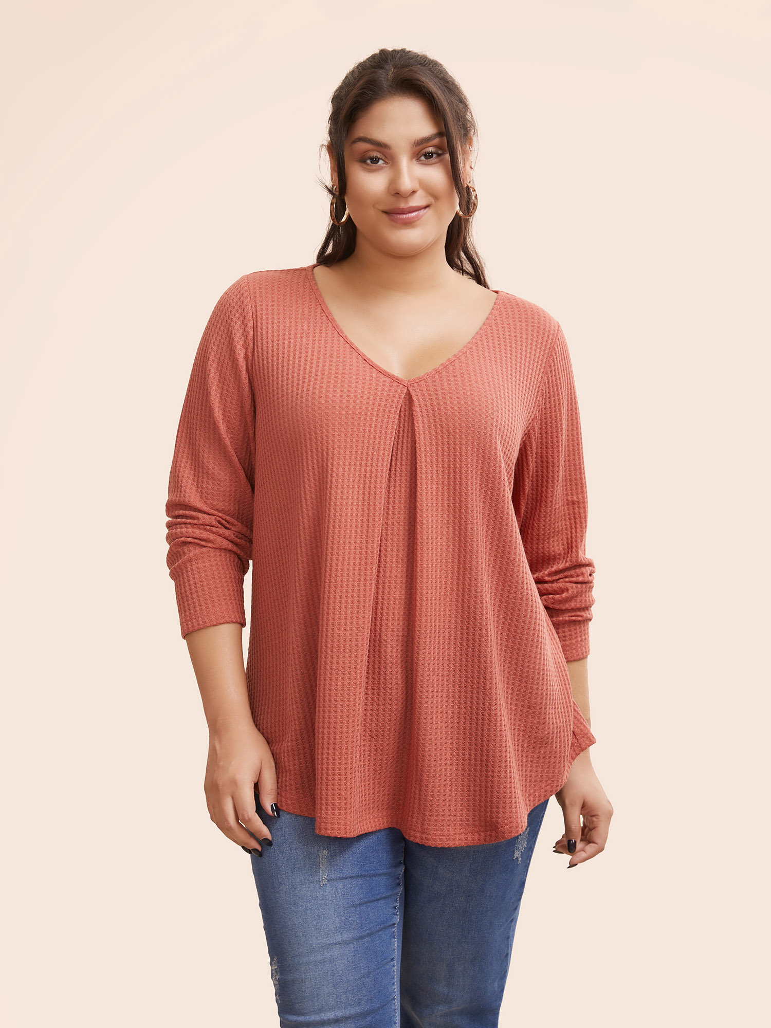 

Plus Size Plain Waffle Knit Scoop Neck Plicated Detail T-shirt Salmon Women Casual Non Plain V-neck Everyday T-shirts BloomChic