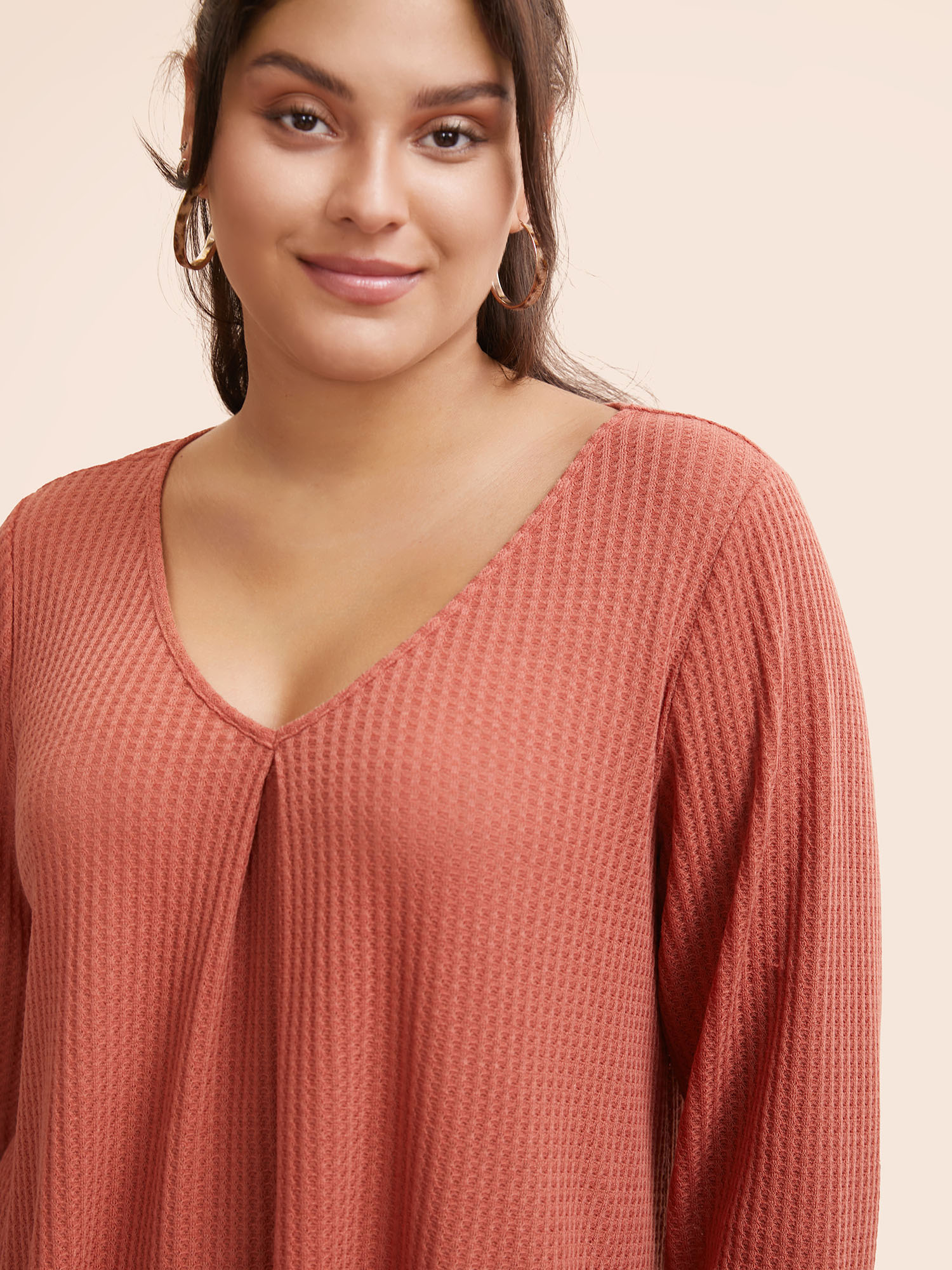 

Plus Size Plain Waffle Knit Scoop Neck Plicated Detail T-shirt Salmon Women Casual Non Plain V-neck Everyday T-shirts BloomChic