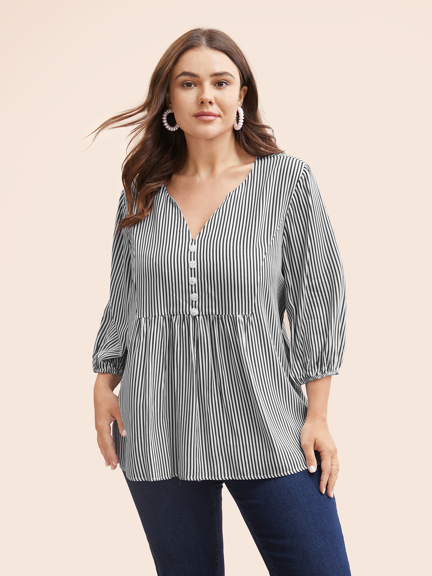 

Plus Size Black Striped Gathered Button Detail Lantern Sleeve Blouse Women Elegant Elbow-length sleeve V-neck Everyday Blouses BloomChic