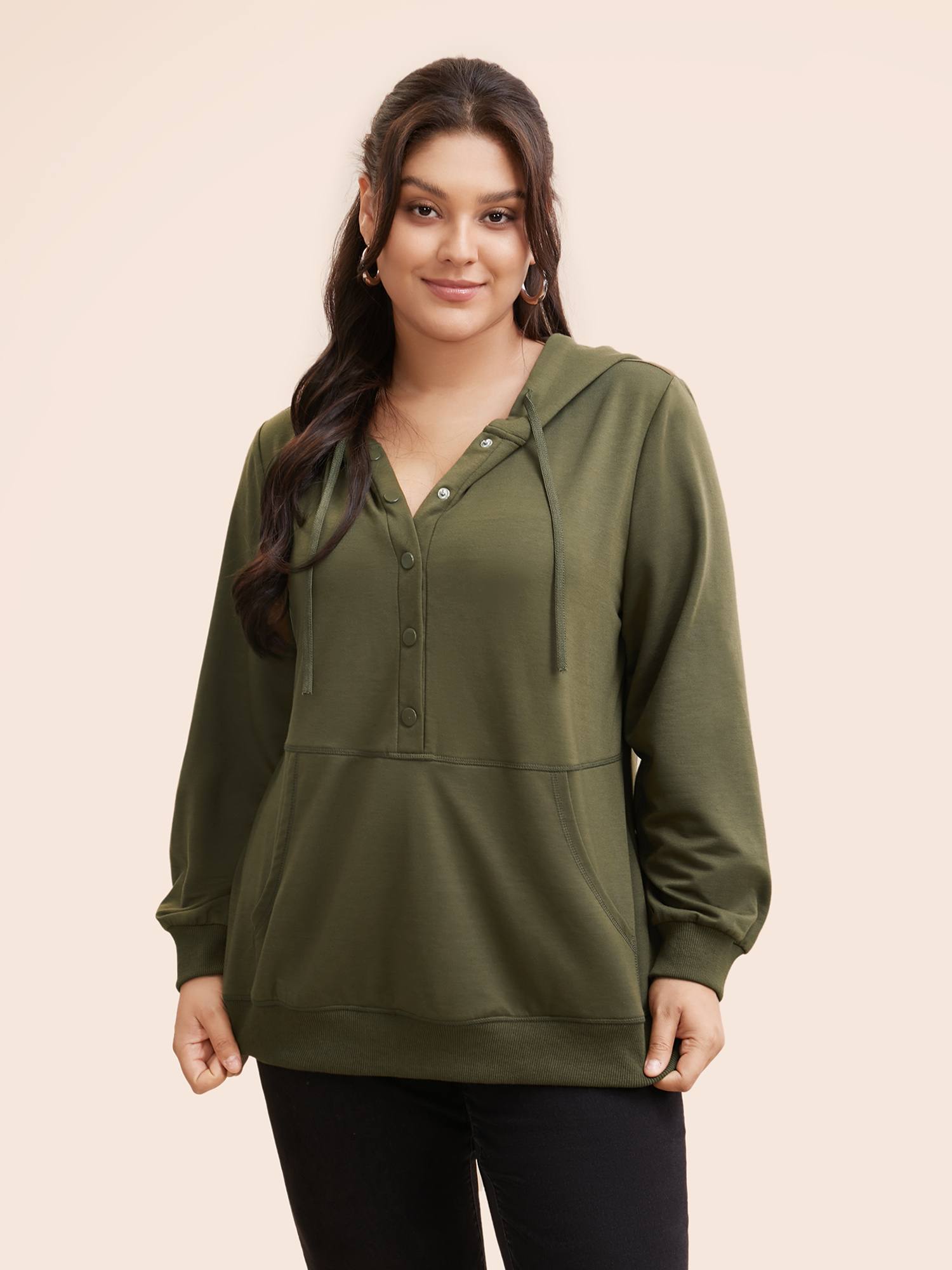 

Plus Size Solid Button Up Hooded Drawstring Sweatshirt Women ArmyGreen Casual Patchwork Hooded Everyday Sweatshirts BloomChic