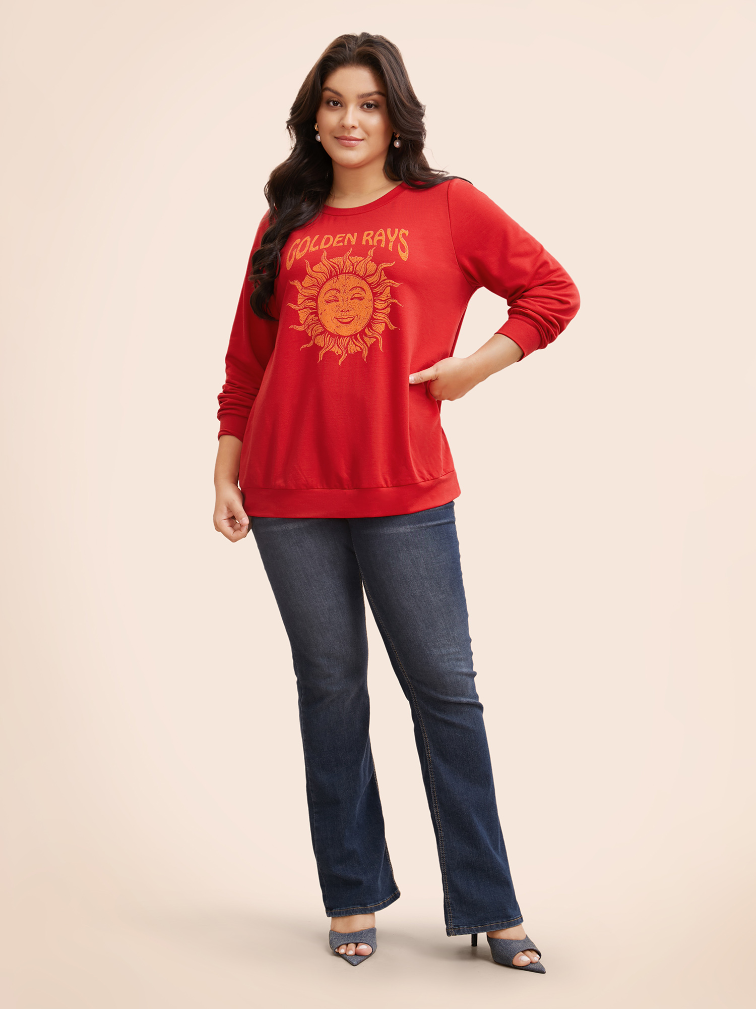 Plus Size Sun Print Round Neck Sweatshirt Women Brightred Elegant Non Round Neck Everyday Sweatshirts BloomChic 26/4X 