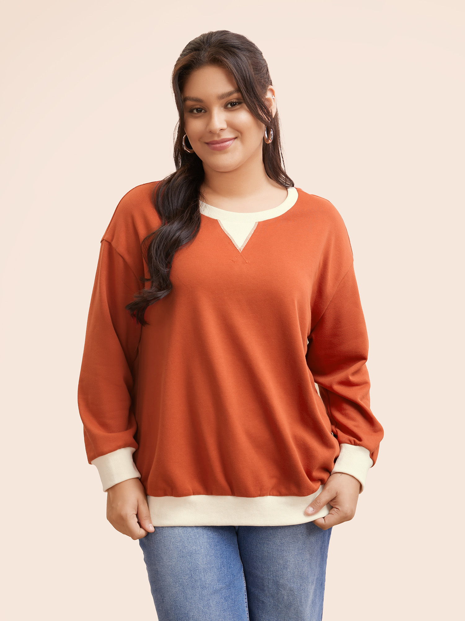 BloomChic Women's Plus Size Contrast Patchwork Drop Shoulder Sleeve Sweatshirt Rust Everyday-Casual 12/L