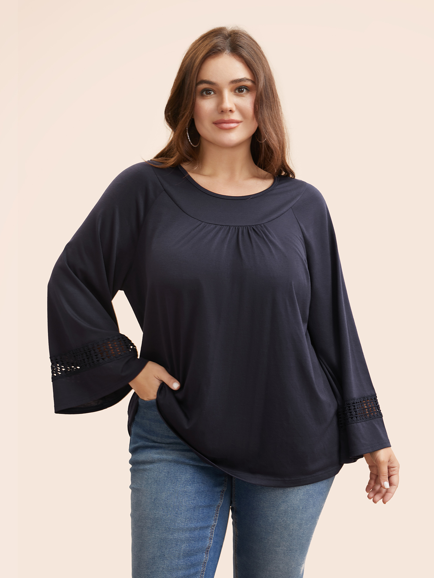 

Plus Size Round Neck Lace Trim Raglan Sleeve T-shirt Indigo Women Casual Gathered Round Neck Everyday T-shirts BloomChic