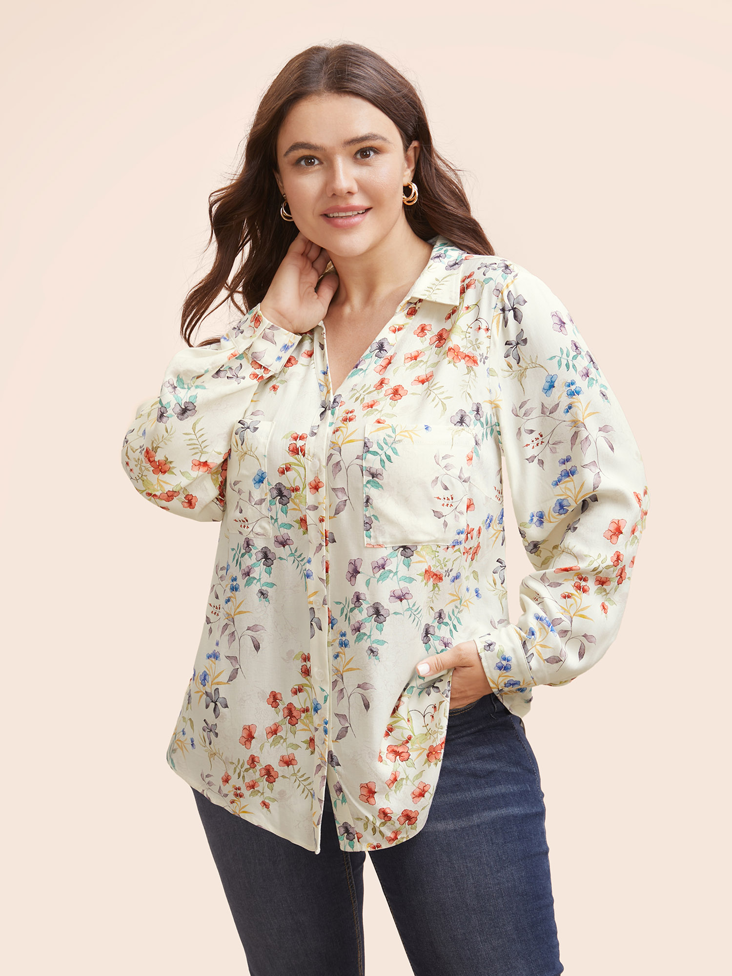 

Plus Size Originalwhite Shirt Collar Floral Patched Pocket Blouse Women Elegant Long Sleeve Shirt collar Everyday Blouses BloomChic