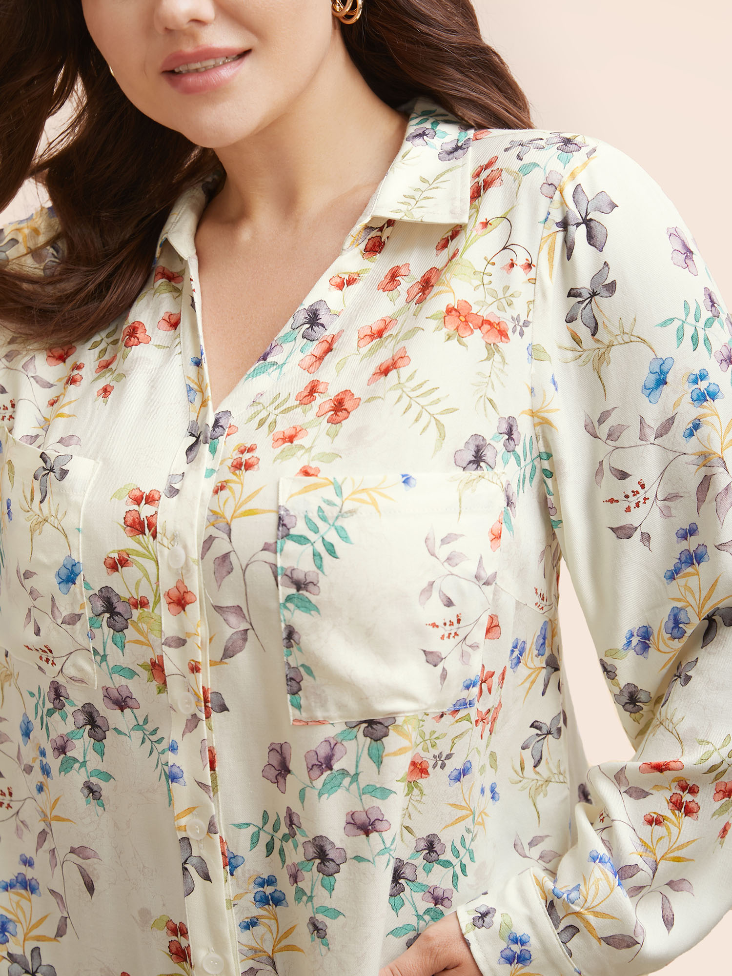 

Plus Size Originalwhite Shirt Collar Floral Patched Pocket Blouse Women Elegant Long Sleeve Shirt collar Everyday Blouses BloomChic