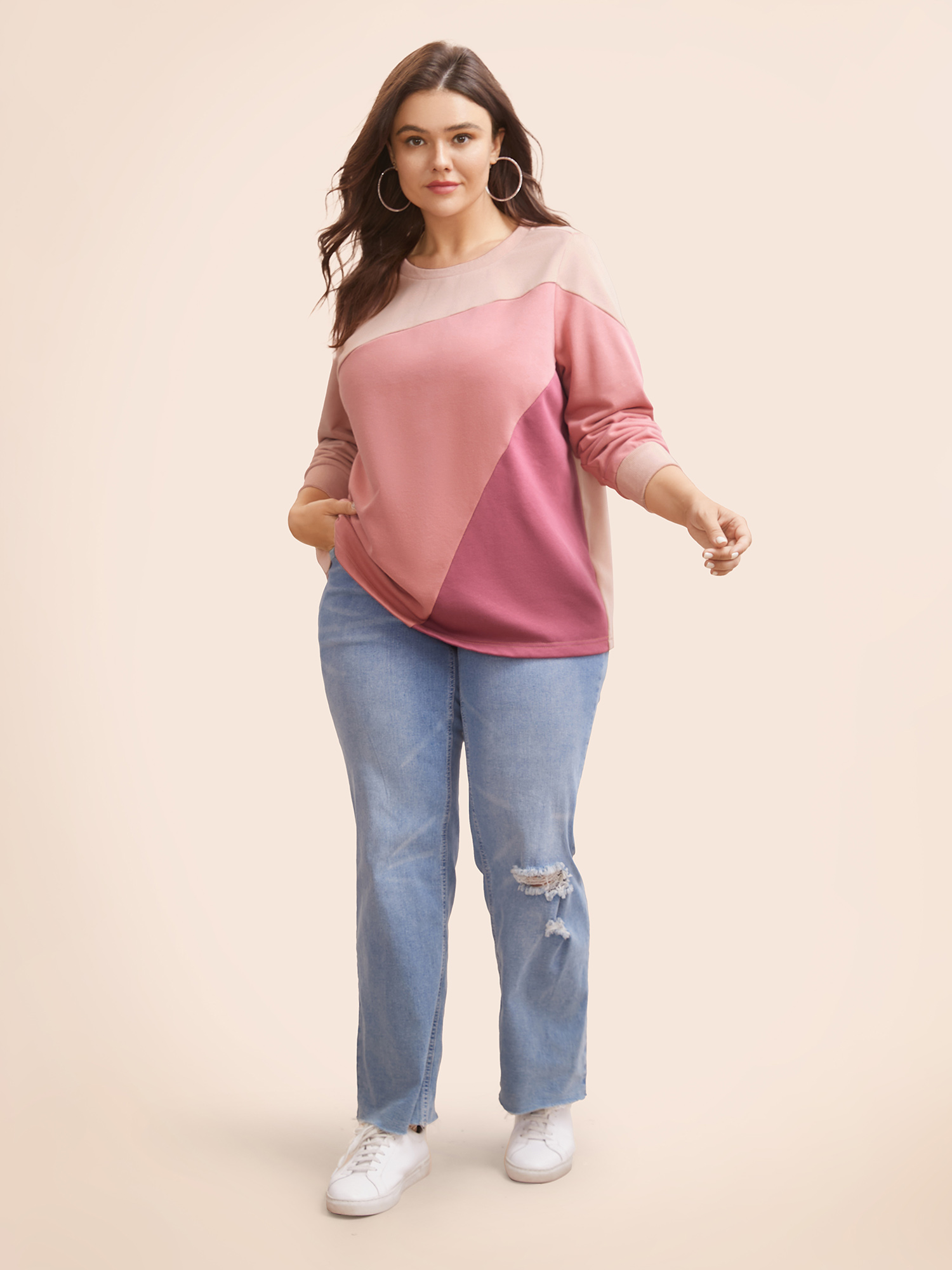 

Plus Size Colorblock Contrast Round Neck Sweatshirt Women Nudepink Casual Contrast Round Neck Everyday Sweatshirts BloomChic