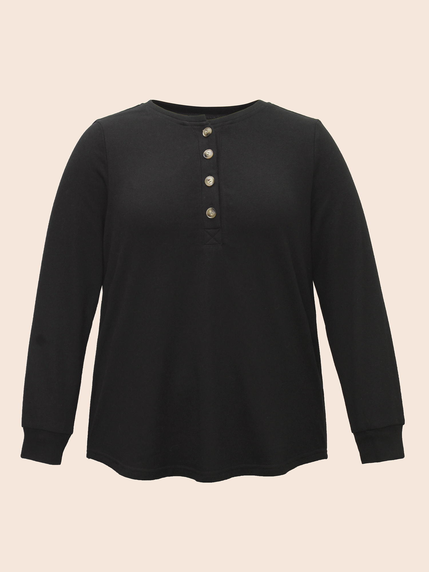 

Plus Size Plain Crew Neck Button Up Sweatshirt Women Black Elegant Button Round Neck Everyday Sweatshirts BloomChic