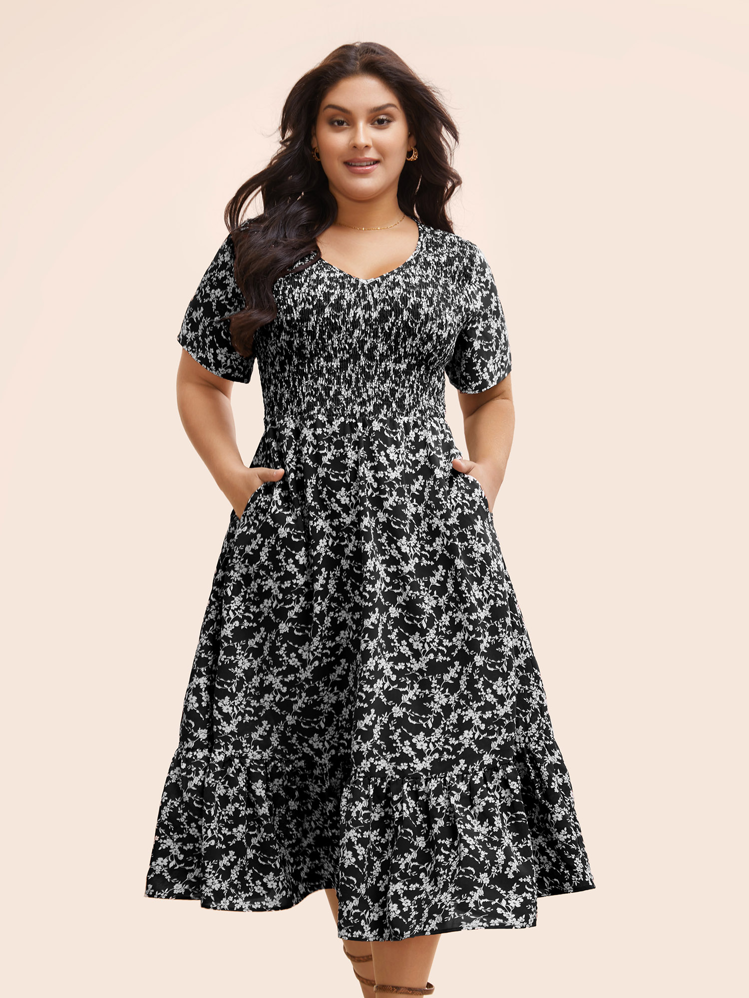 

Plus Size Ditsy Floral Shirred Ruffle Hem Dress Black Women Elegant Shirred V-neck Short sleeve Curvy BloomChic