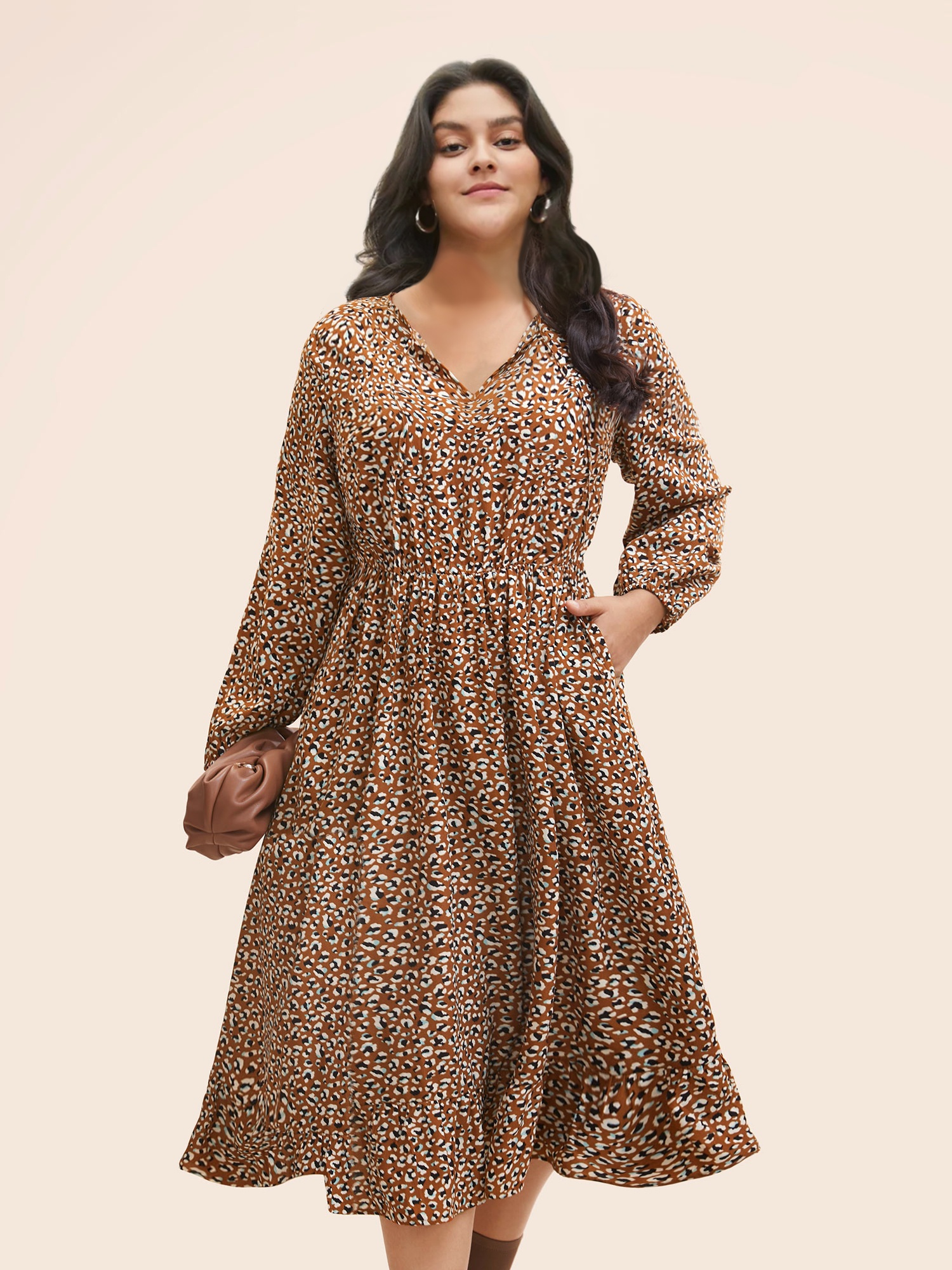 

Plus Size Leopard Print Tie Knot Midi Dress Yellowishbrown Women At the Office Tie knot V-neck Long Sleeve Curvy BloomChic