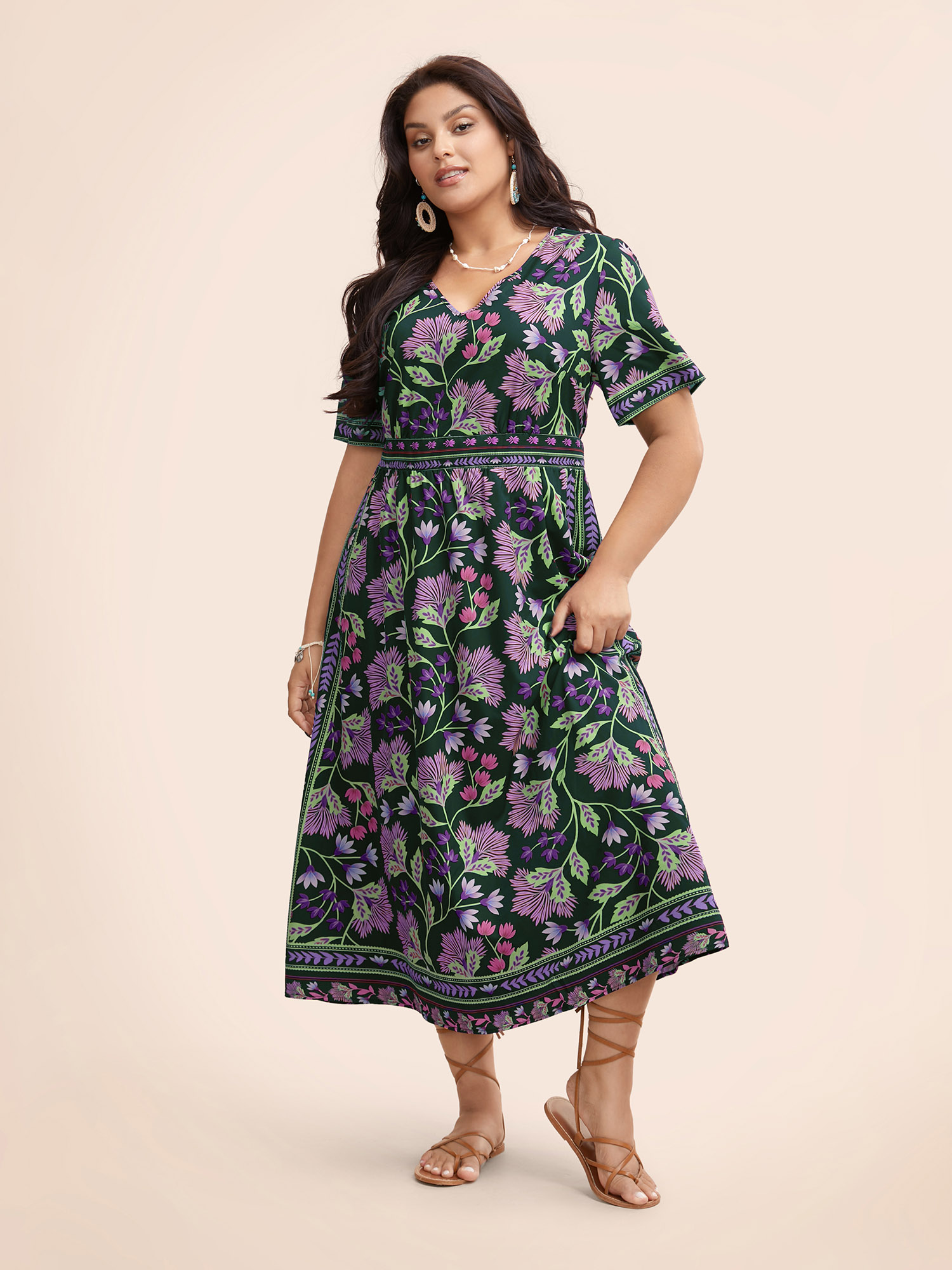 Plus Size Boho Print Shirred Pocket Midi Dress Cyan Women Resort Shirred V-neck Short sleeve Curvy BloomChic 18-20/2X 