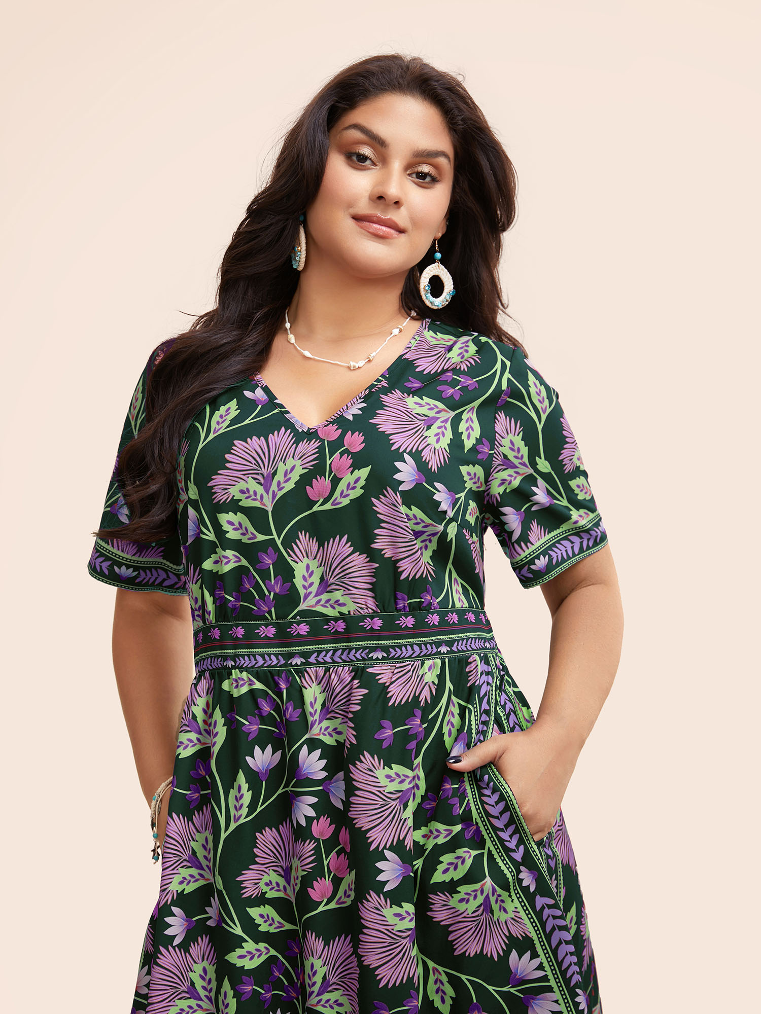 Plus Size Boho Print Shirred Pocket Midi Dress Cyan Women Resort Shirred V-neck Short sleeve Curvy BloomChic 18-20/2X 