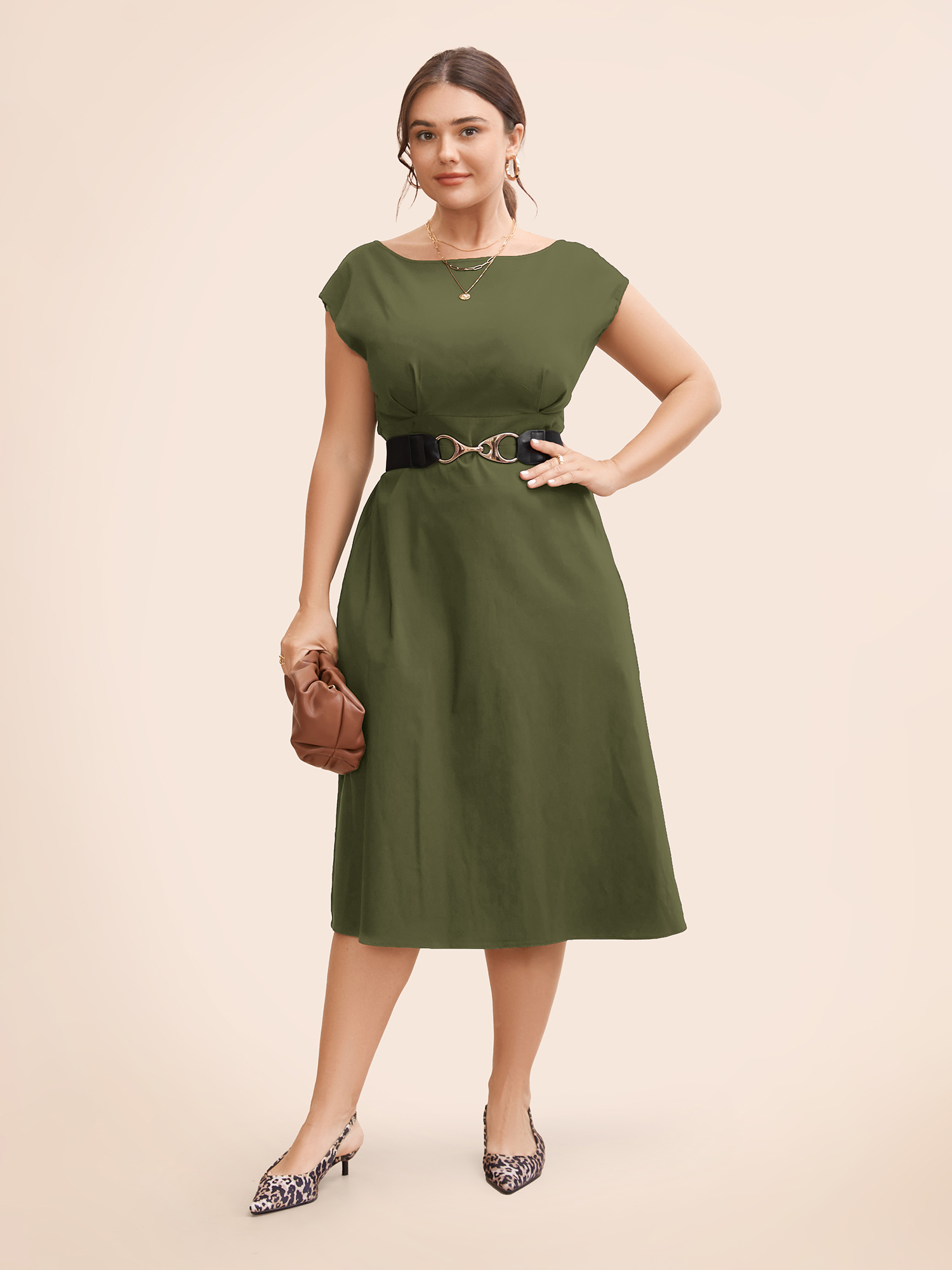 

Plus Size Stretch Woven Cowl Neckline Midi Dress ArmyGreen Women Workwear Essentials Pleated Boat Neck Cap Sleeve Curvy BloomChic